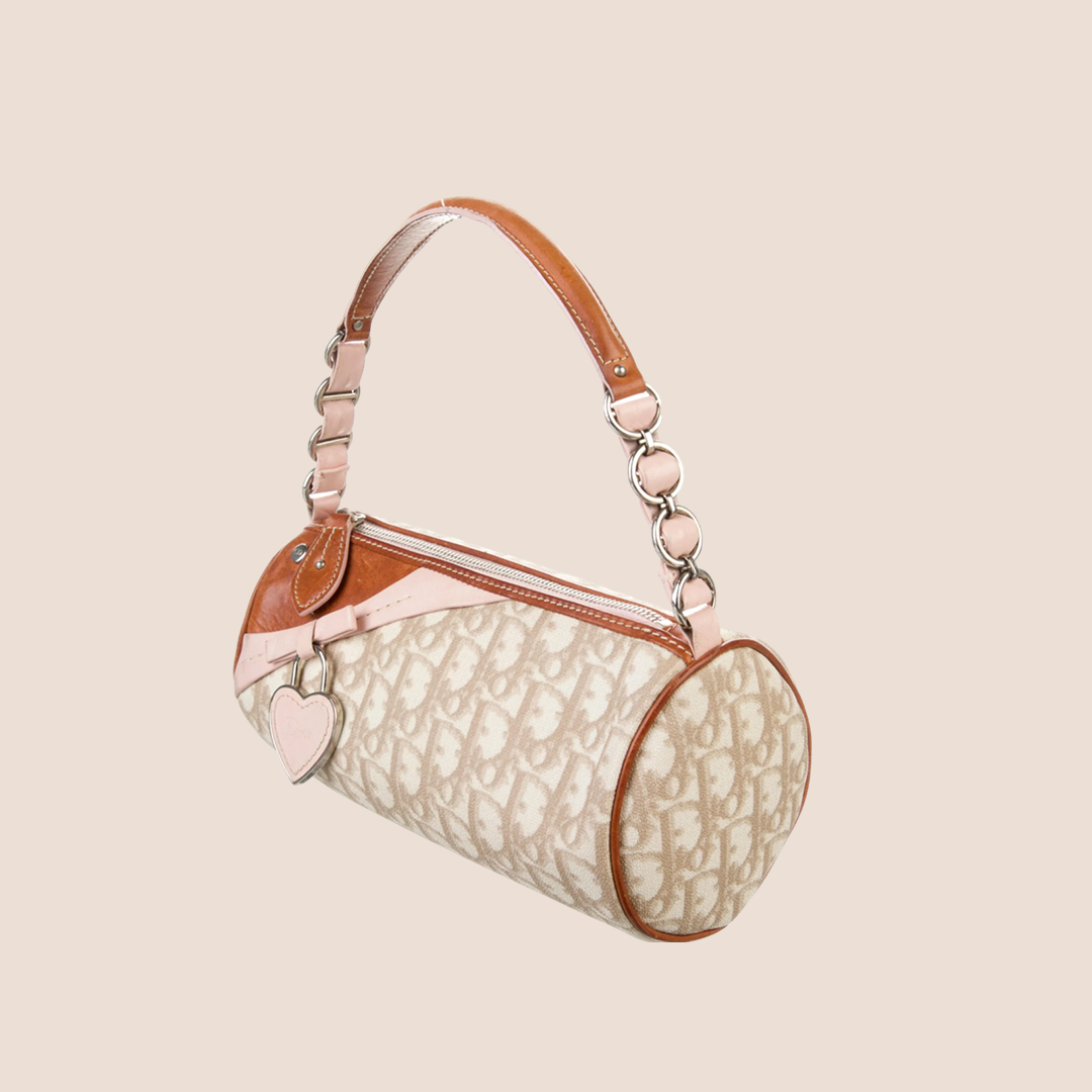 CHRISTIAN D1OR 2007 PINK &amp; BROWN ROMANTIQUE MINI BARREL BAG