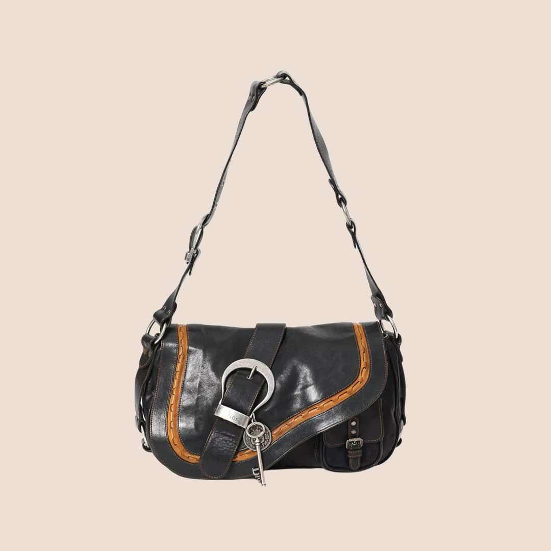 CHRISTIAN D1OR 2006 BLACK LEATHER LARGE GAUCHO BAG
