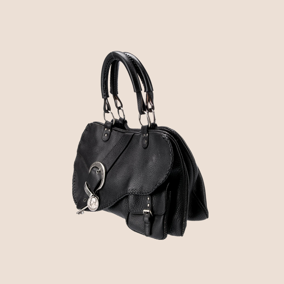 CHRISTIAN D1OR 2006 BLACK PEBBLED CALFSKIN GAUCHO TOP HANDLE BAG