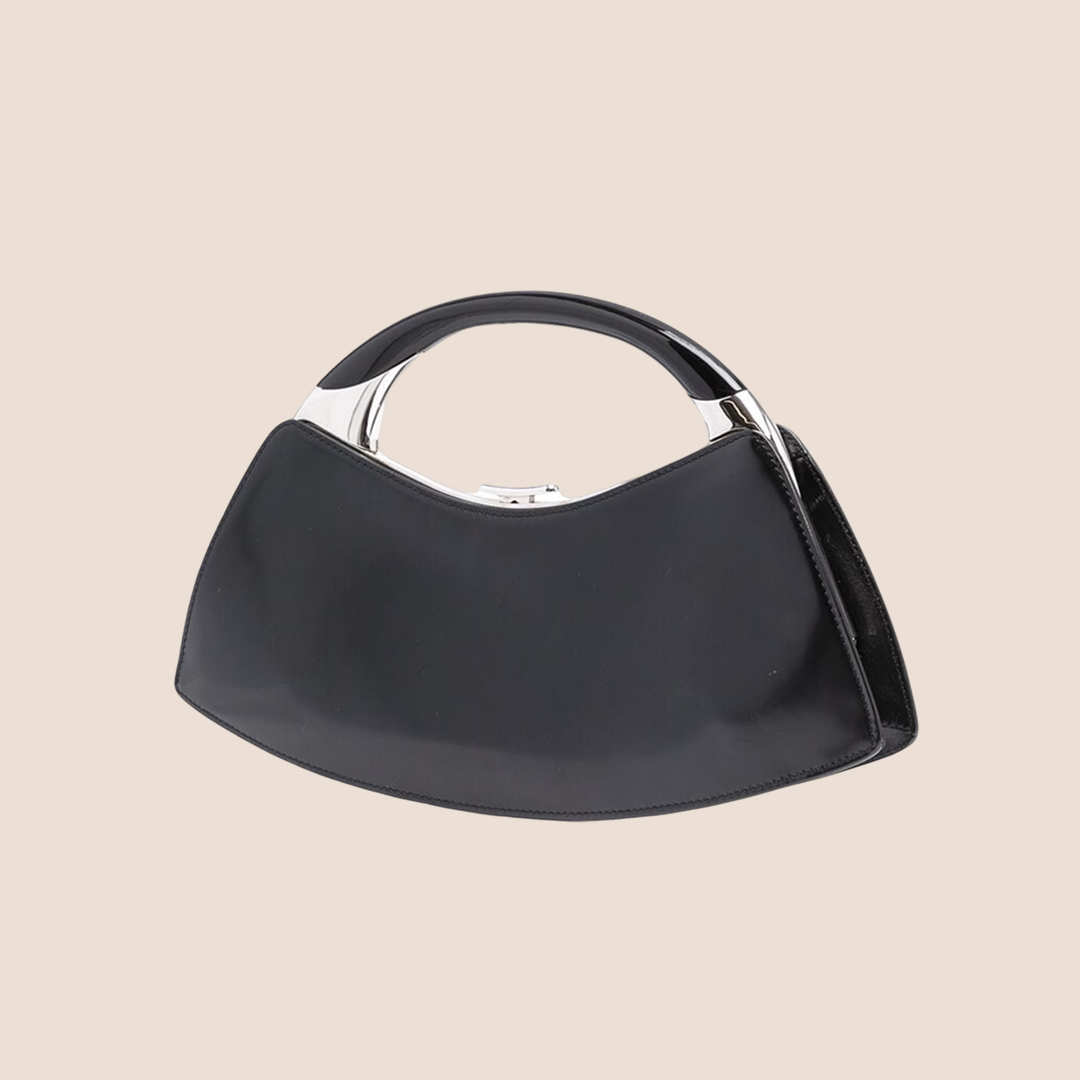 CHRISTIAN D1OR 2003 FALL BLACK LEATHER MINI BONDAGE CLUTCH