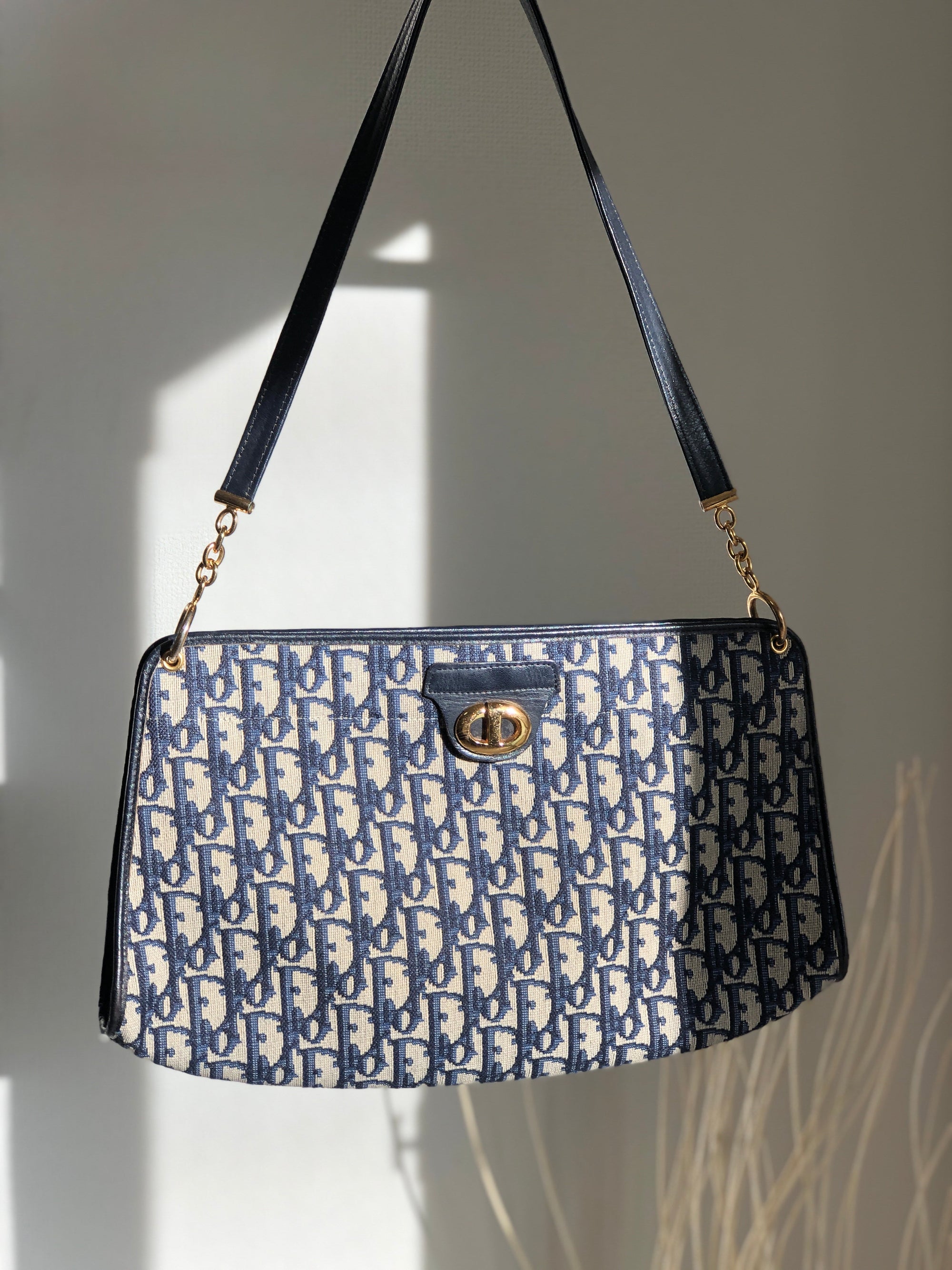 Christian D1OR  Trotter CD Logo Jacquard Leather Shoulder bag Navy Vintage 5f4tcg