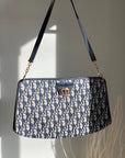 Christian D1OR  Trotter CD Logo Jacquard Leather Shoulder bag Navy Vintage 5f4tcg