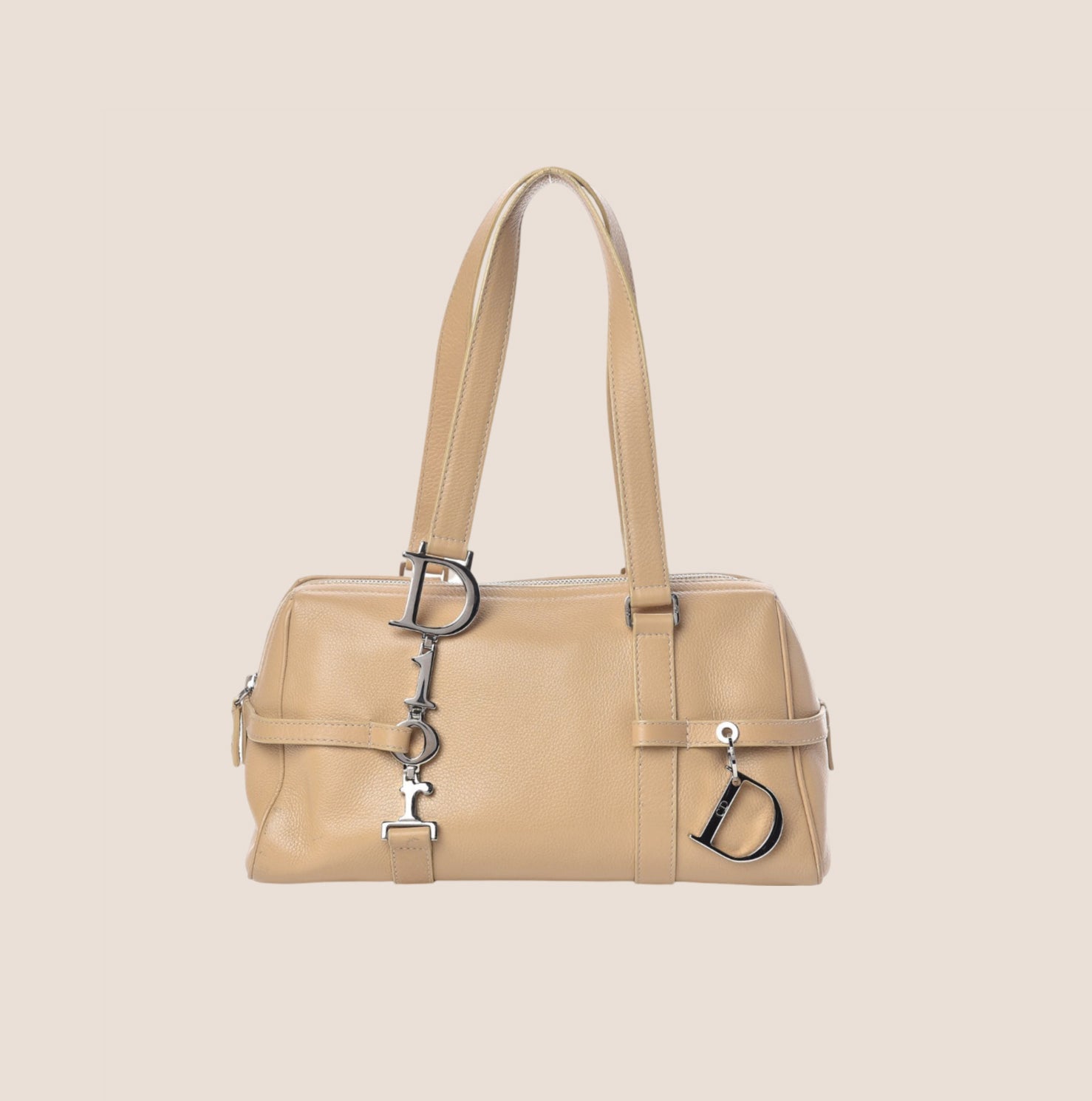 CHRISTIAN D1OR BEIGE LEATHER LOGO SPELL OUT CHARM BOSTON BAG