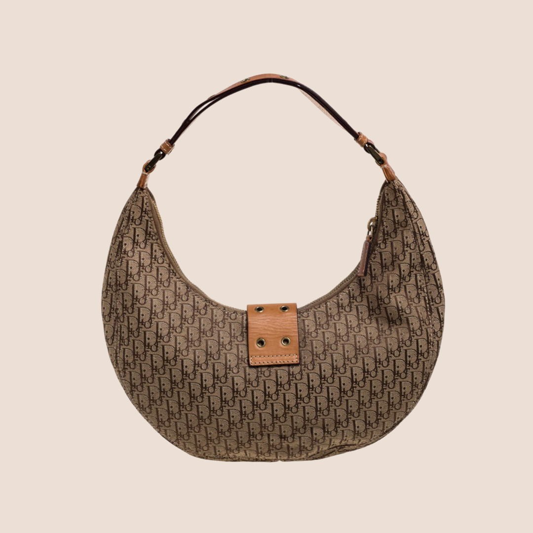 CHRISTIAN D1OR BEIGE &amp; BROWN STREET CHIC HALF MOON BAG