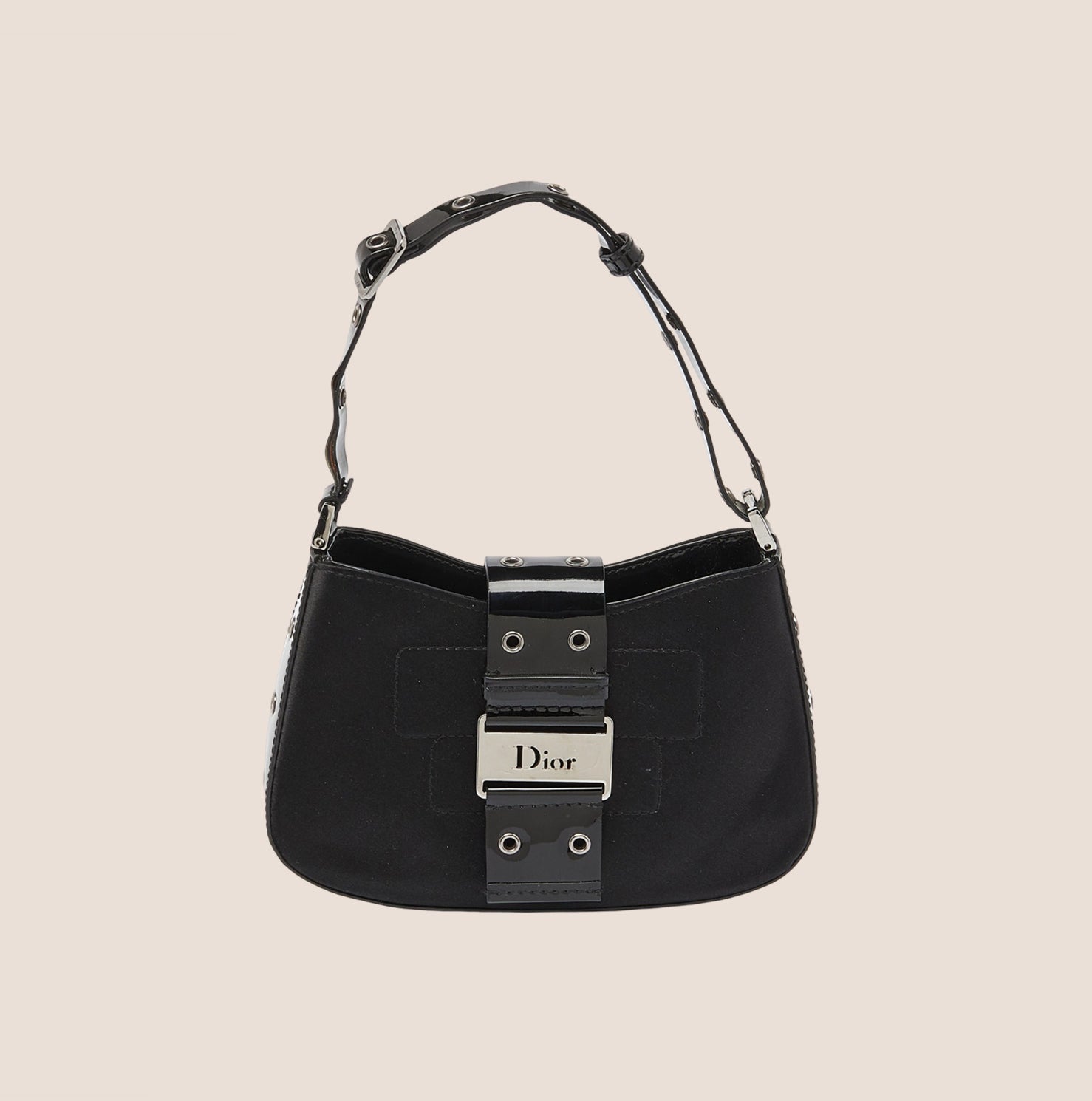 CHRISTIAN D1OR BLACK SATIN &amp; PATENT LEATHER MINI STREET CHIC HOBO BAG