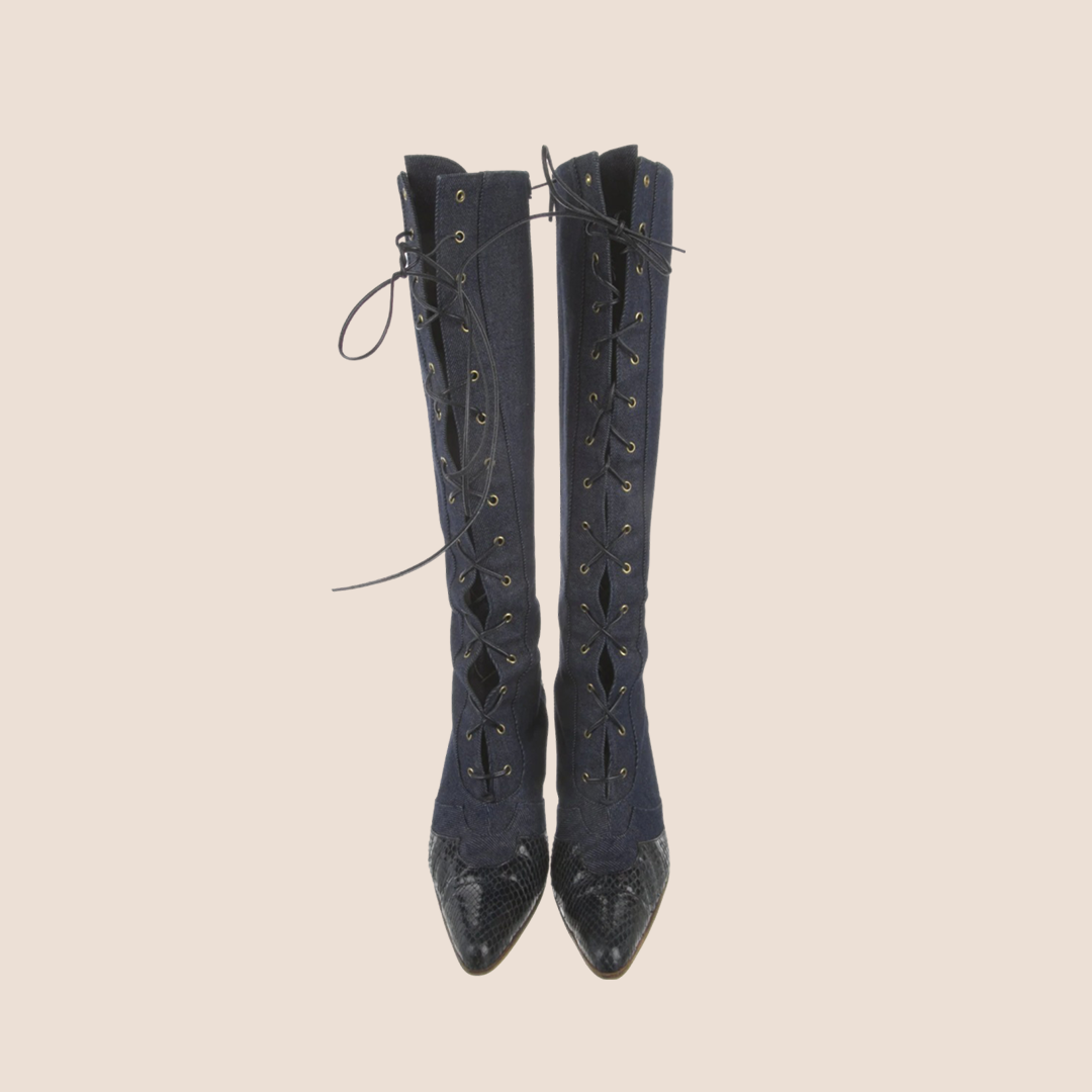 CHRISTIAN D1OR 2000 BLUE DENIM LACE UP BOOTS