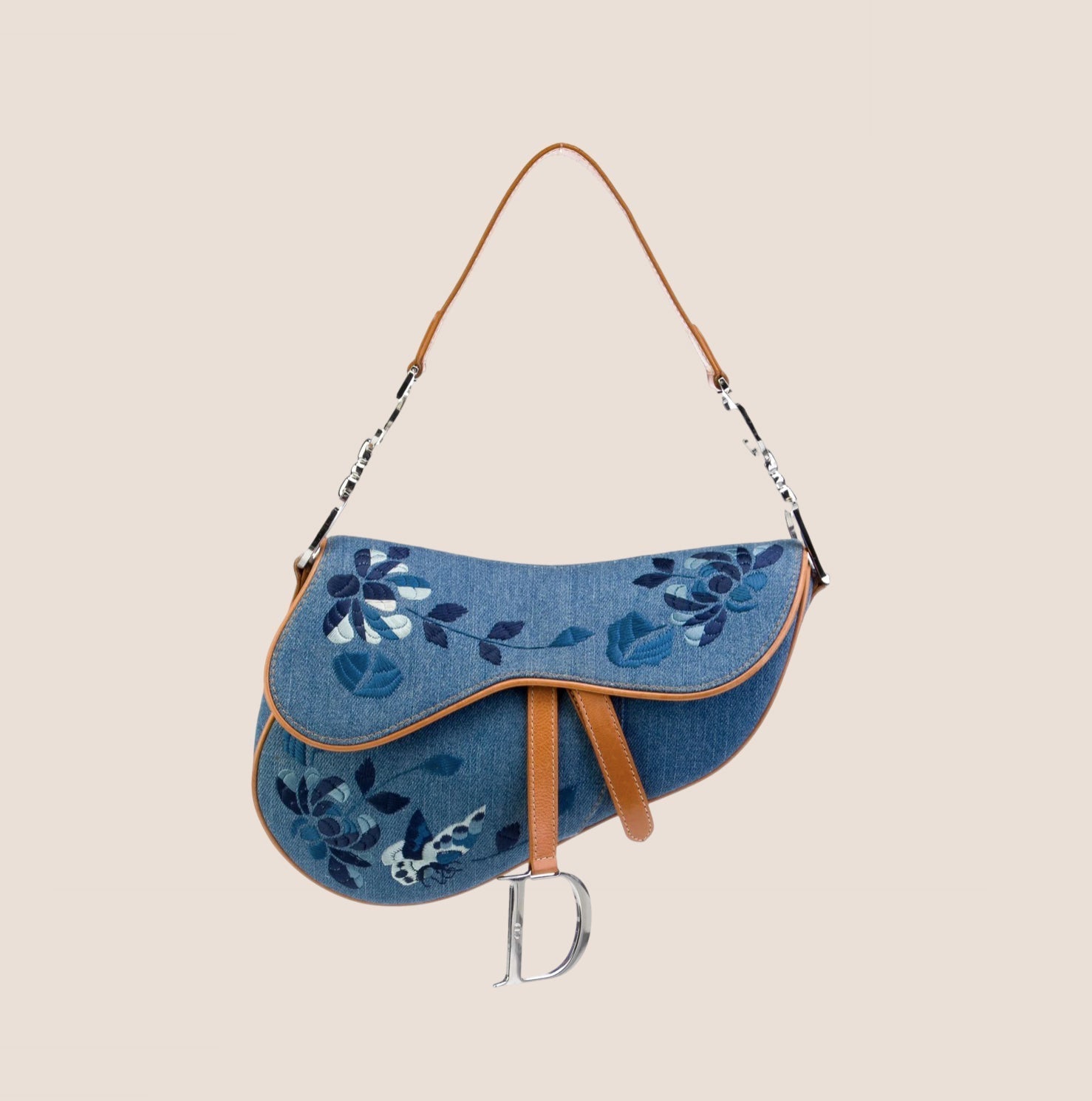 CHRISTIAN D1OR 2005 DENIM EMBROIDERED SADDLE BAG