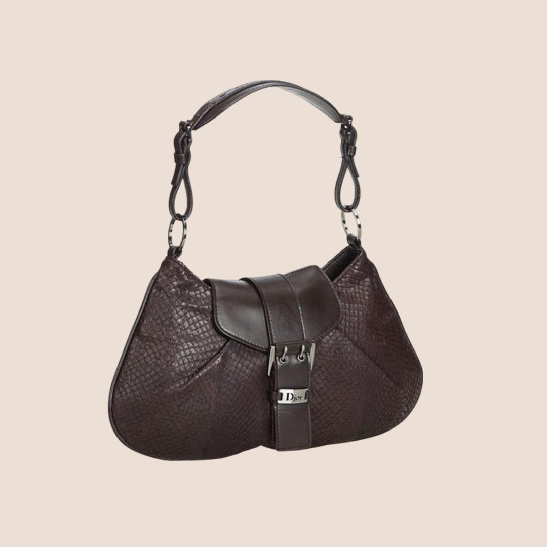 CHRISTIAN D1OR 2002 BROWN SNAKESKIN BUCKLE FLAP BAG