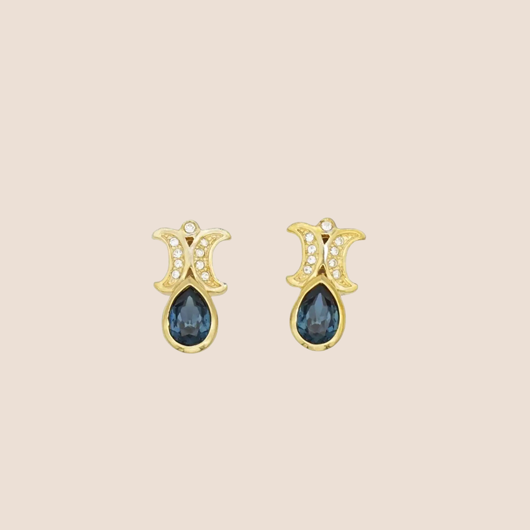 CHRISTIAN D1OR 1980s SAPPFIRE DOUBLE MOON CRYSTAL DROP EARRINGS