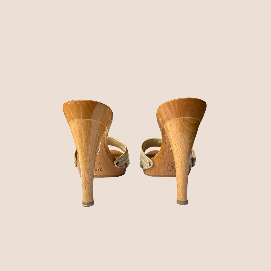 CHRISTIAN D1OR BEIGE GLOSSY WOOD PLATFORM HEELS