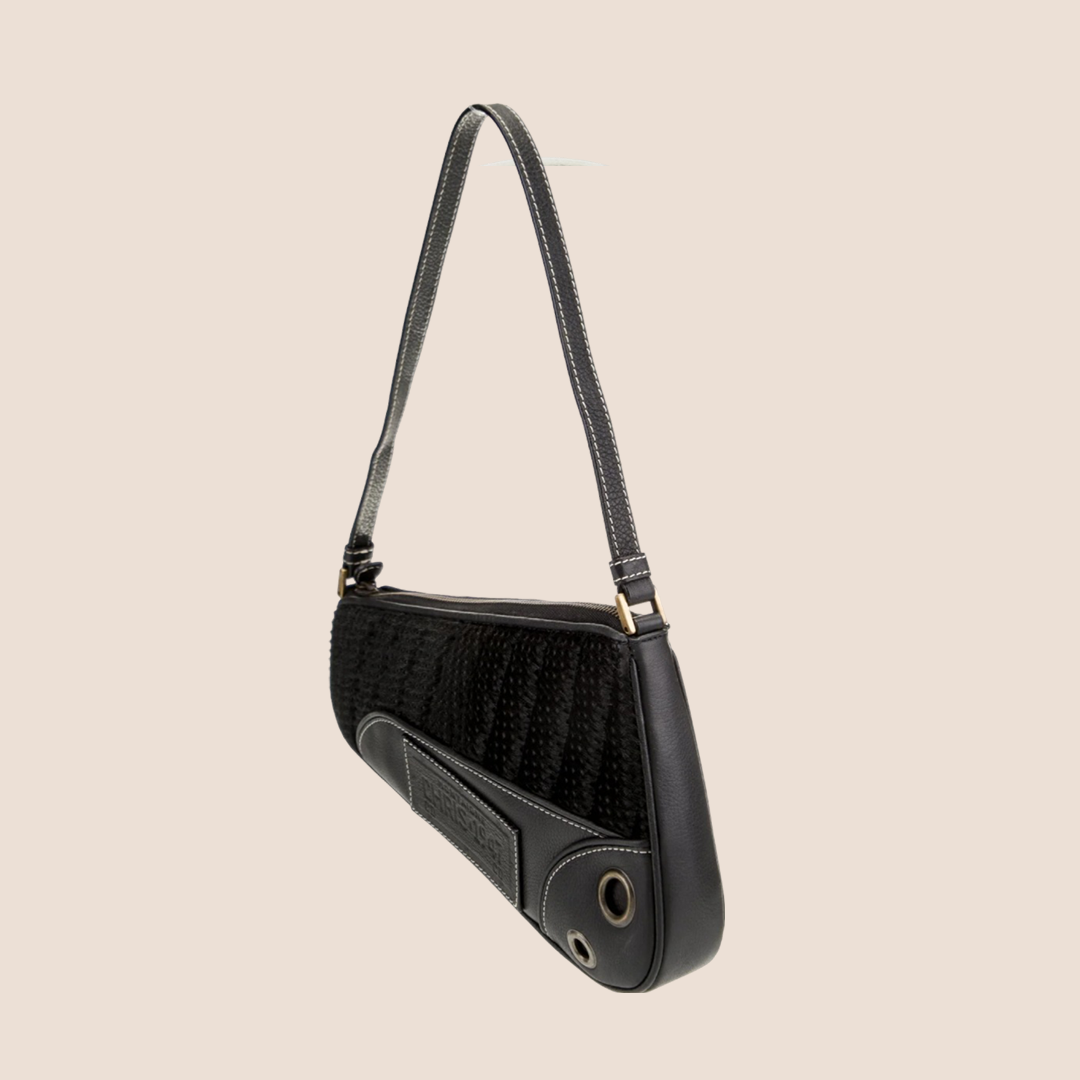 CHRISTIAN D1OR BLACK PERFORATED LEATHER CADILLAC SADDLE BAG