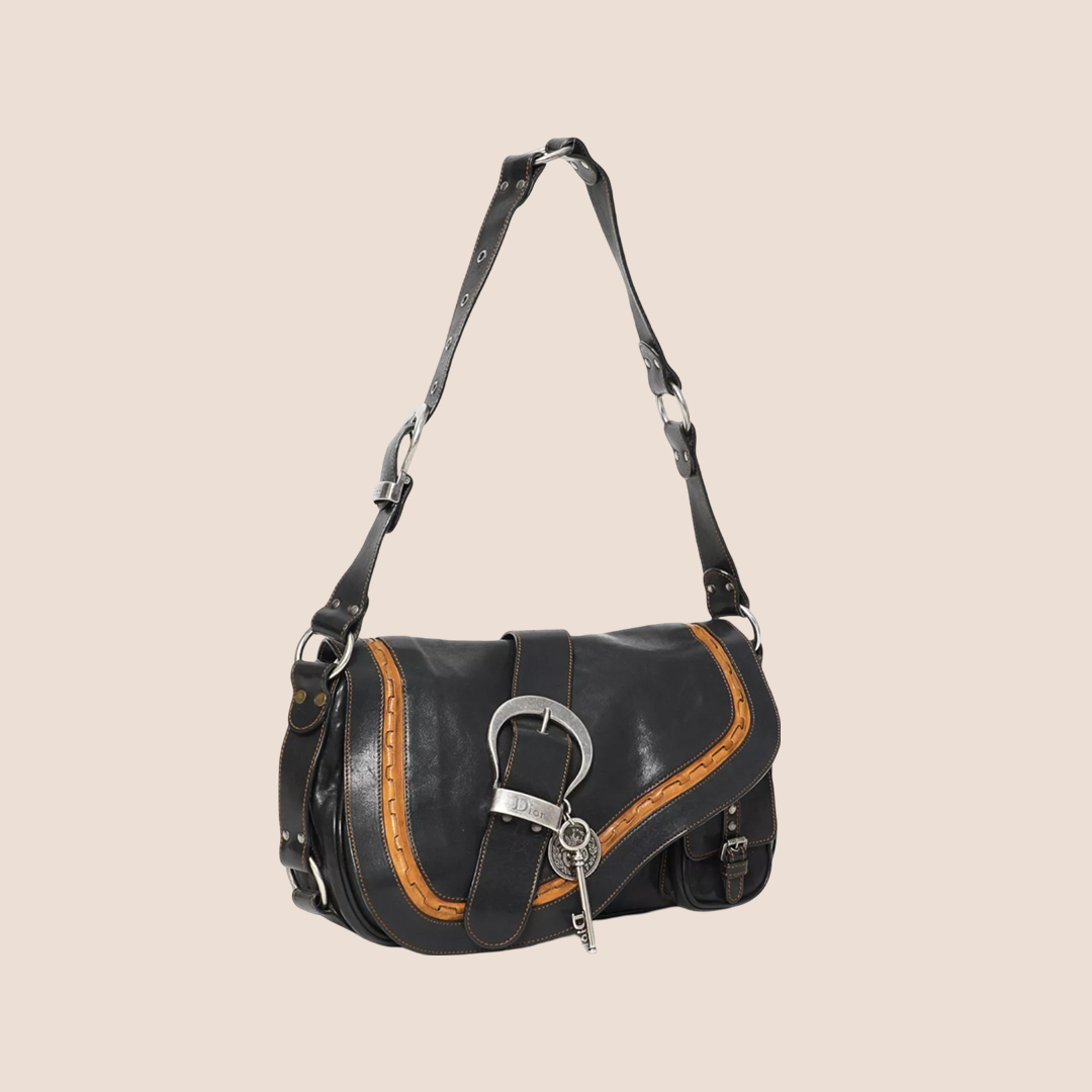CHRISTIAN D1OR 2006 BLACK LEATHER LARGE GAUCHO BAG