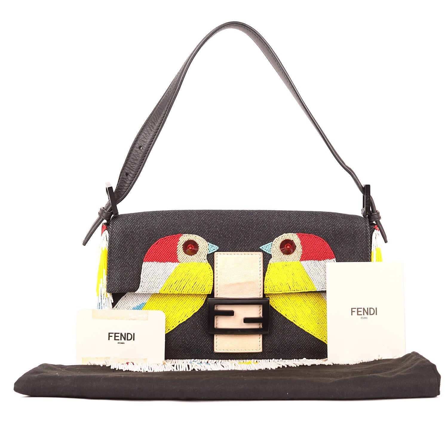 FNDI Denim Multicolor Beaded Fringe Qutweet Bird Baguette Bag