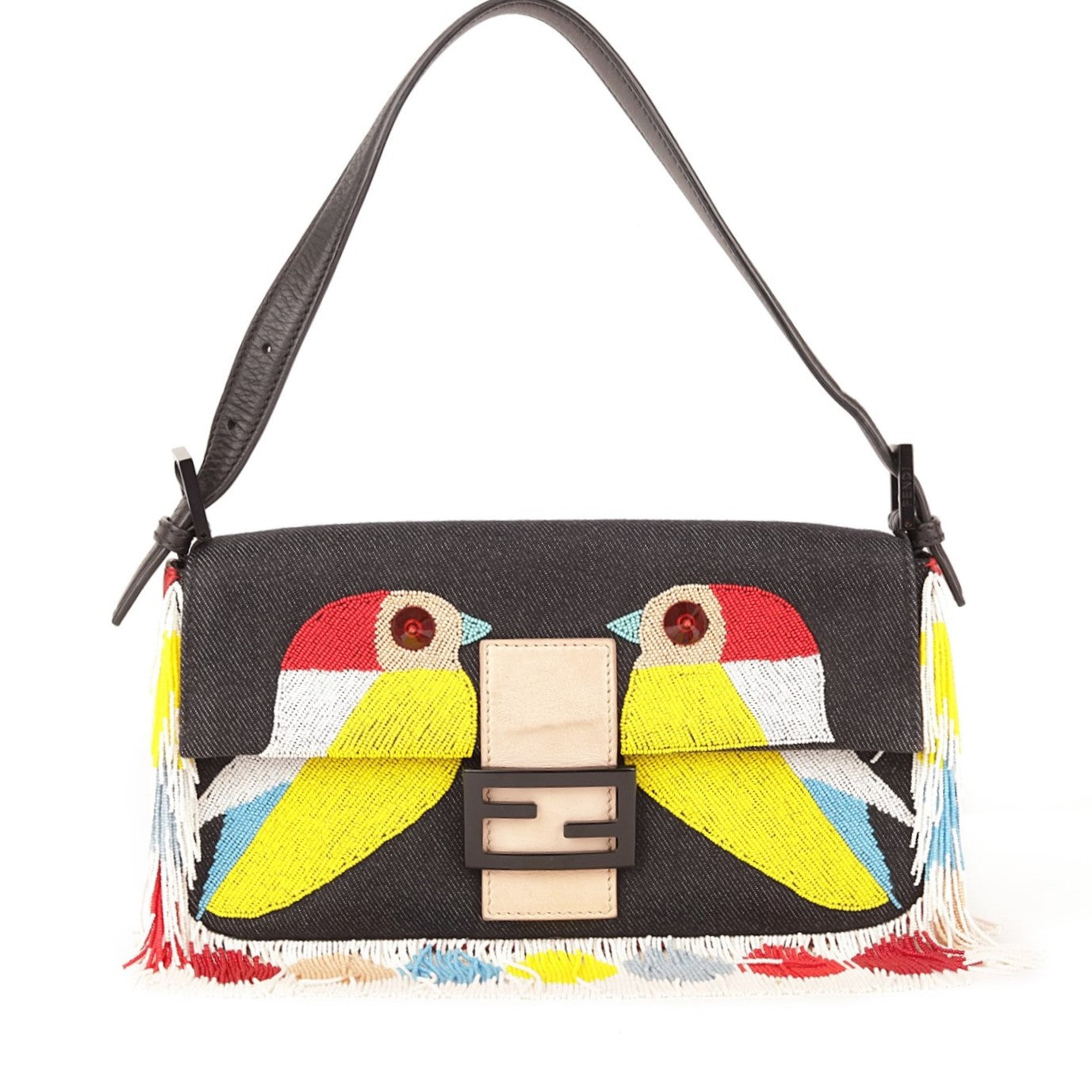 FNDI Denim Multicolor Beaded Fringe Qutweet Bird Baguette Bag