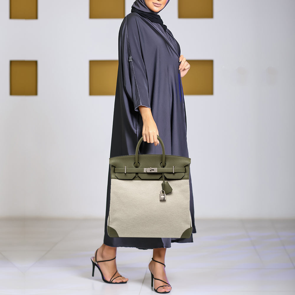 HMS Vert Veronese/Beige Canvas and Leather Palladium Finish HAC Birkin 40 Bag