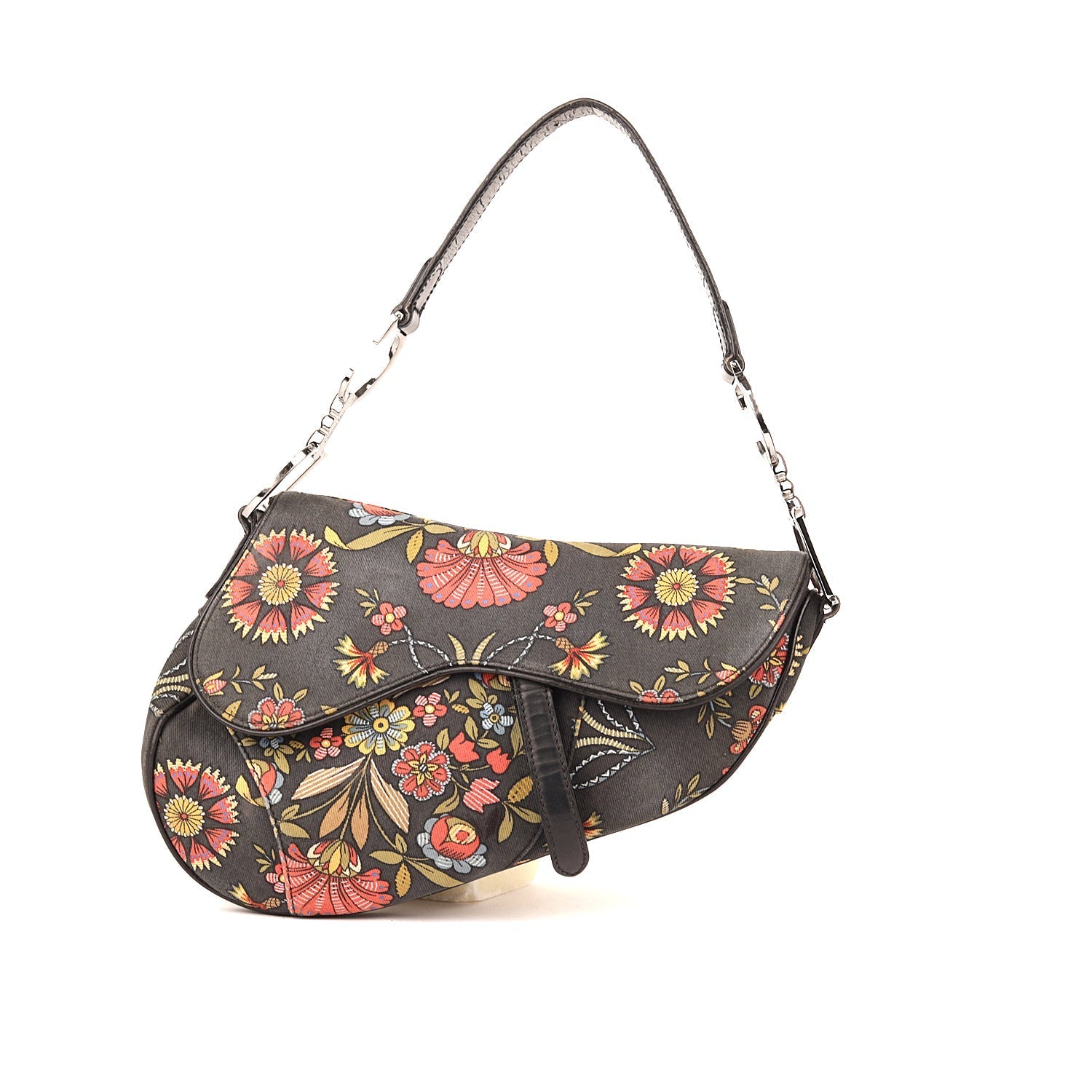 Christian D1OR Black Canvas And Leather Vintage Floral Print Saddle Bag