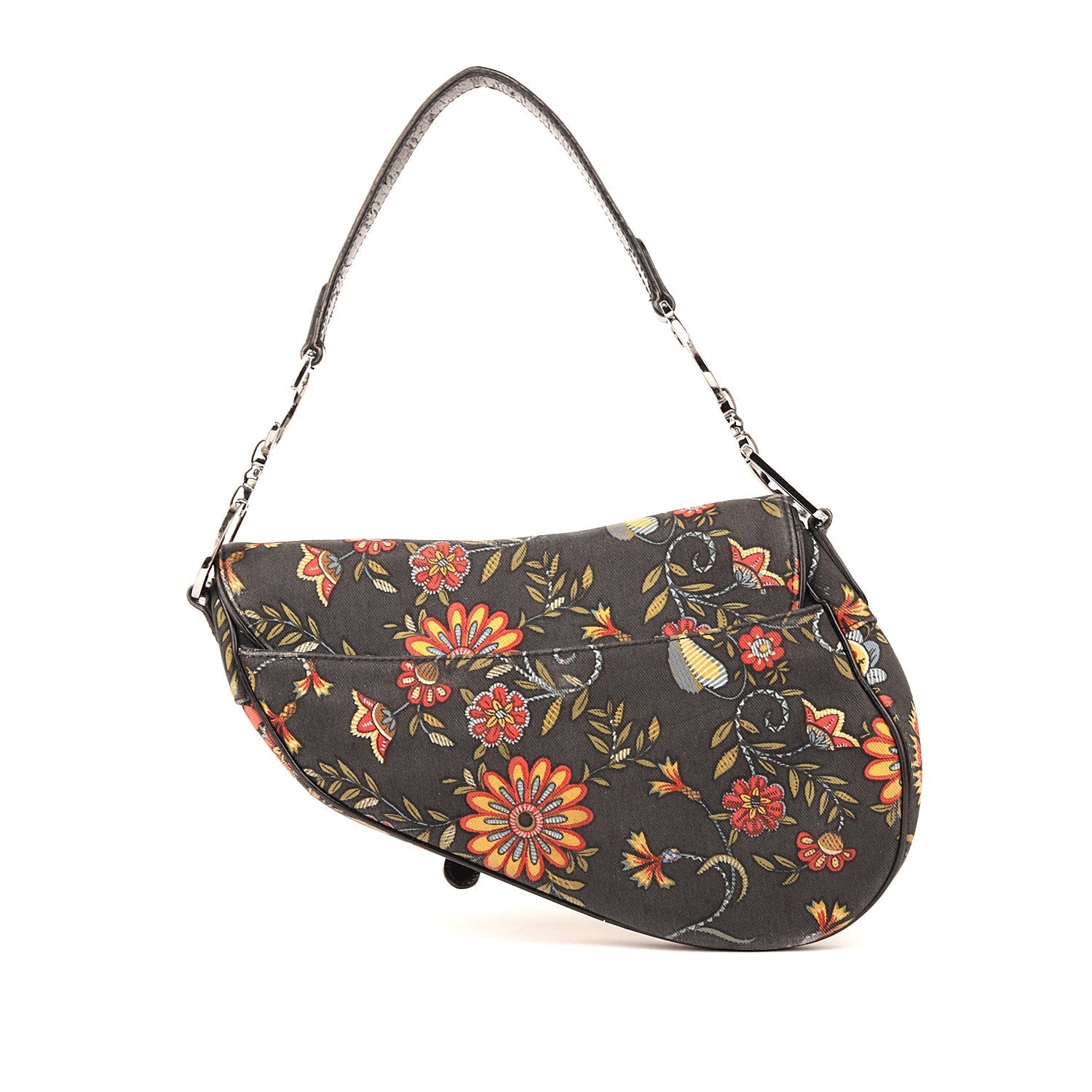 Christian D1OR Black Canvas And Leather Vintage Floral Print Saddle Bag