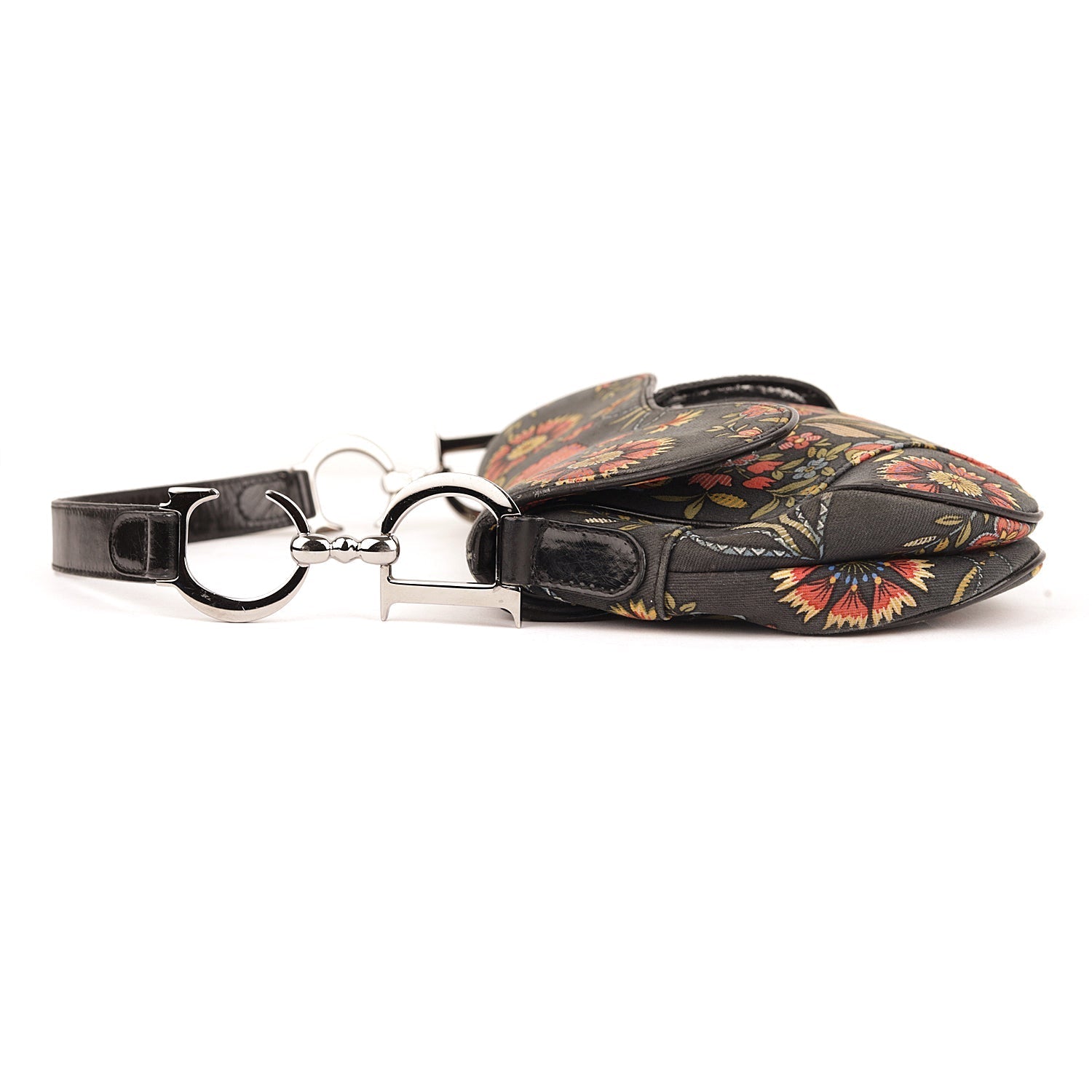 Christian D1OR Black Canvas And Leather Vintage Floral Print Saddle Bag