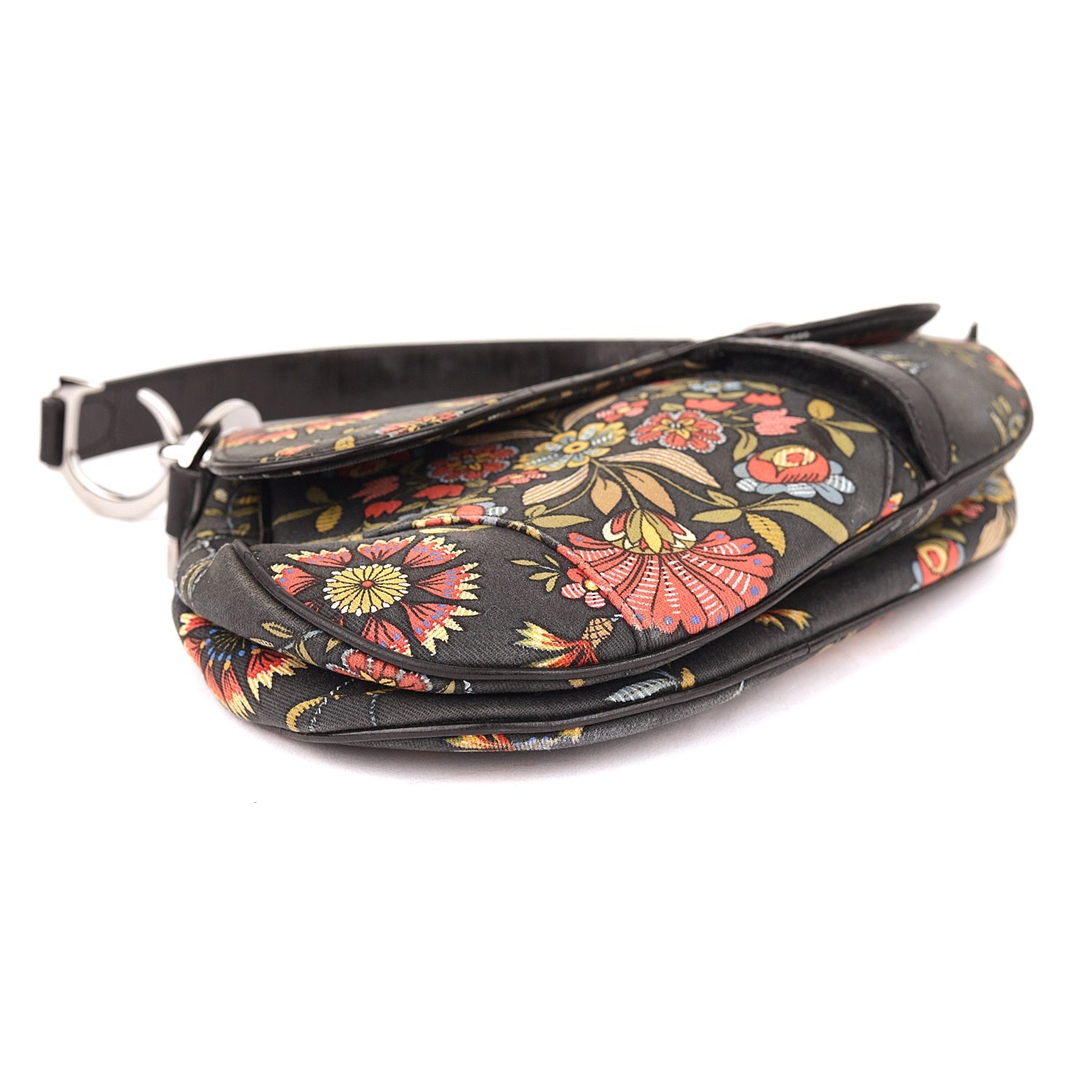 Christian D1OR Black Canvas And Leather Vintage Floral Print Saddle Bag