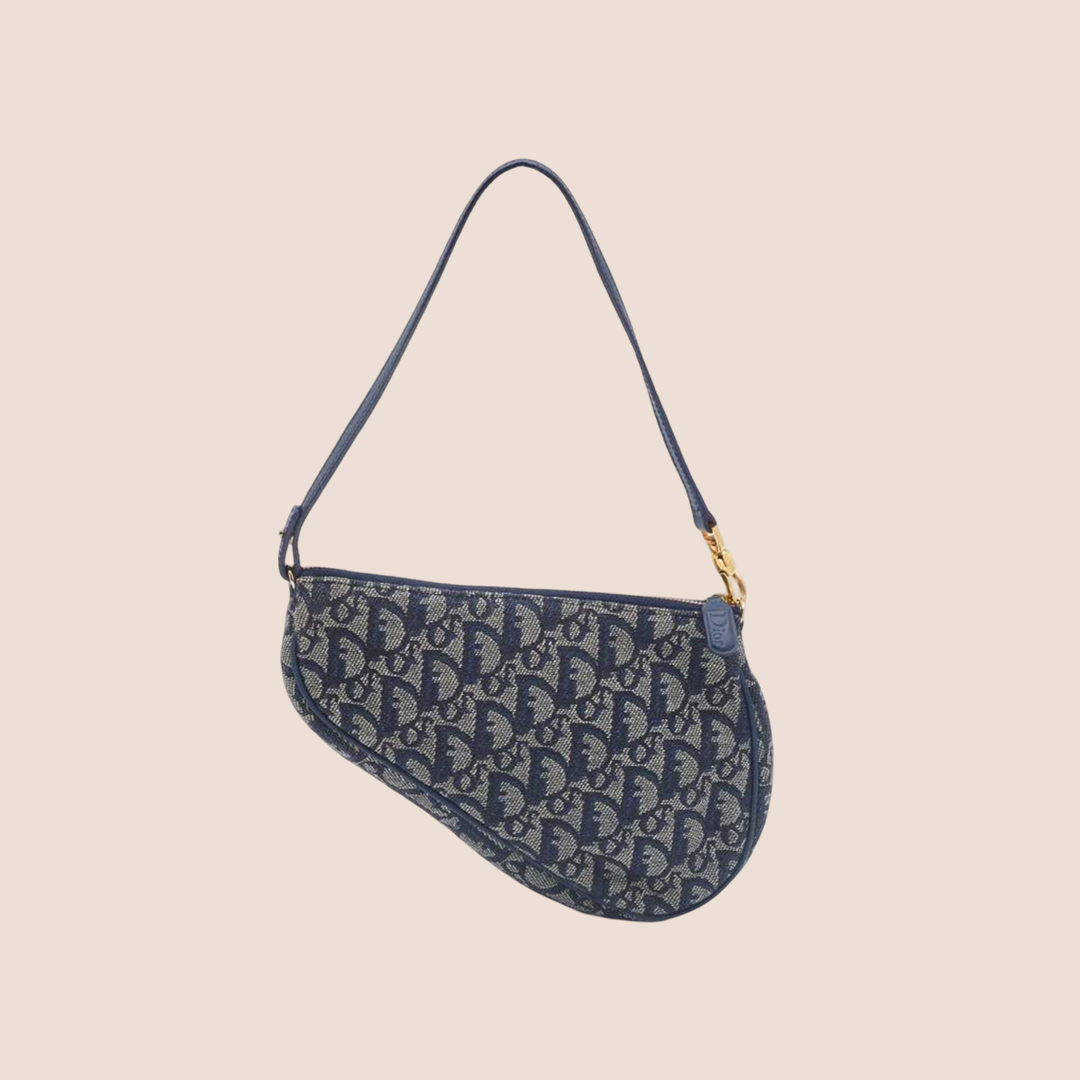 CHRISTIAN D1OR BLUE OBLIQUE CANVAS SADDLE BAG