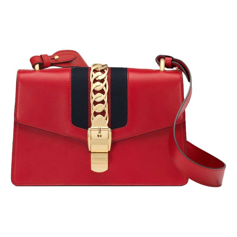 (WMNS) GCCI Sylvie Gold buckle Stripe Webbing Bow Wide Version Leather handbag Small Red 421882-CVLEG-8604