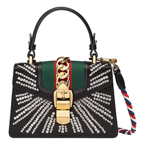 (WMNS) GCCI Sylvie Gold Buckle Stripe Webbing Mini Black Handbag 470270-9AAQG-8720