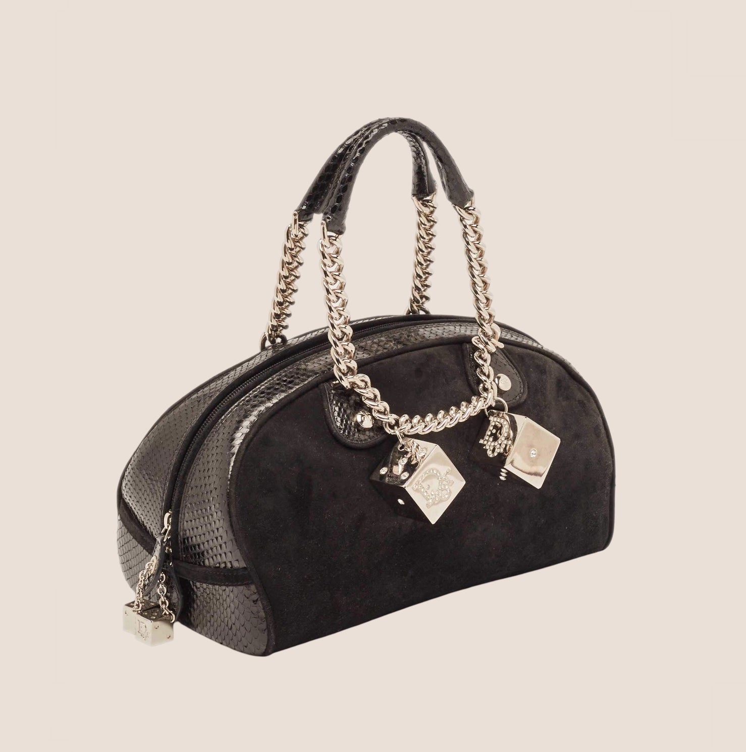 CHRISTIAN D1OR 2004 PYTHON TRIMMED BLACK SUEDE GAMBLER DICE BOWLER BAG