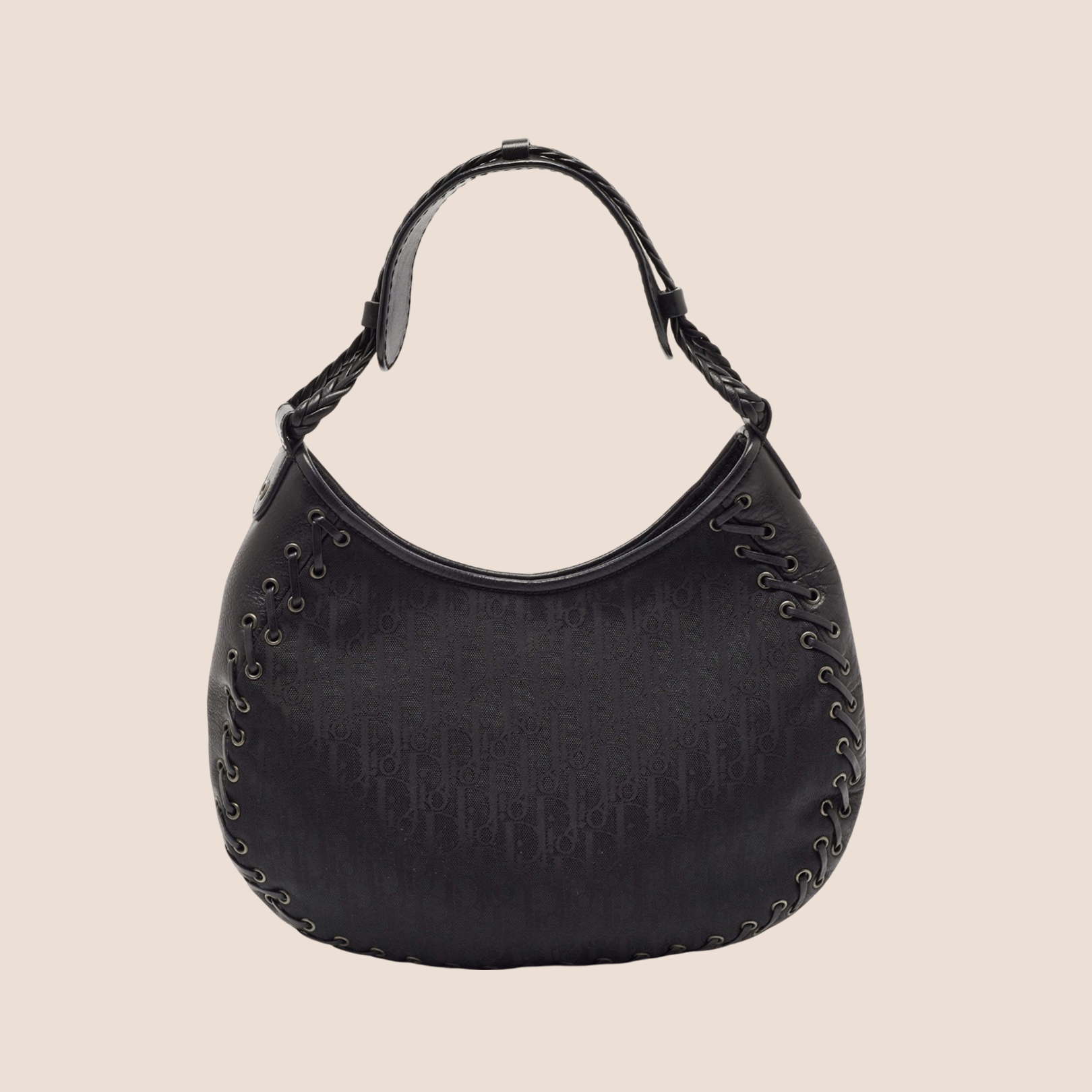 CHRISTIAN D1OR BLACK OBLIQUE NYLON &amp; LEATHER HOBO BAG