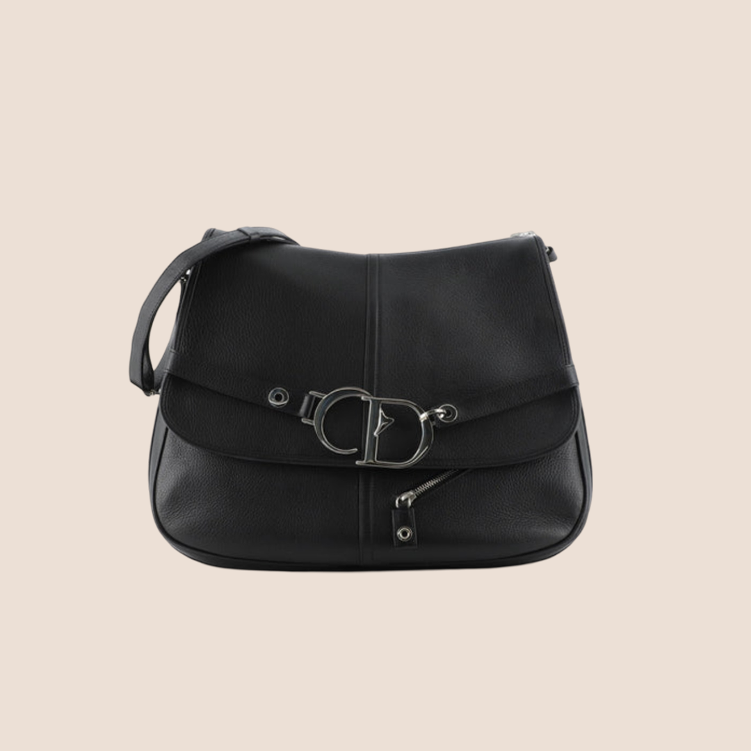 CHRISTIAN D1OR CD BLACK LEATHER FLAP CROSSBODY BAG