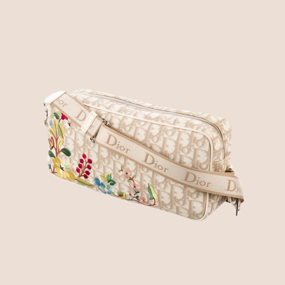 CHRISTIAN D1OR 2004 D1ORISSIMO BEIGE FLORAL EMBROIDERED CROSSBODY BAG