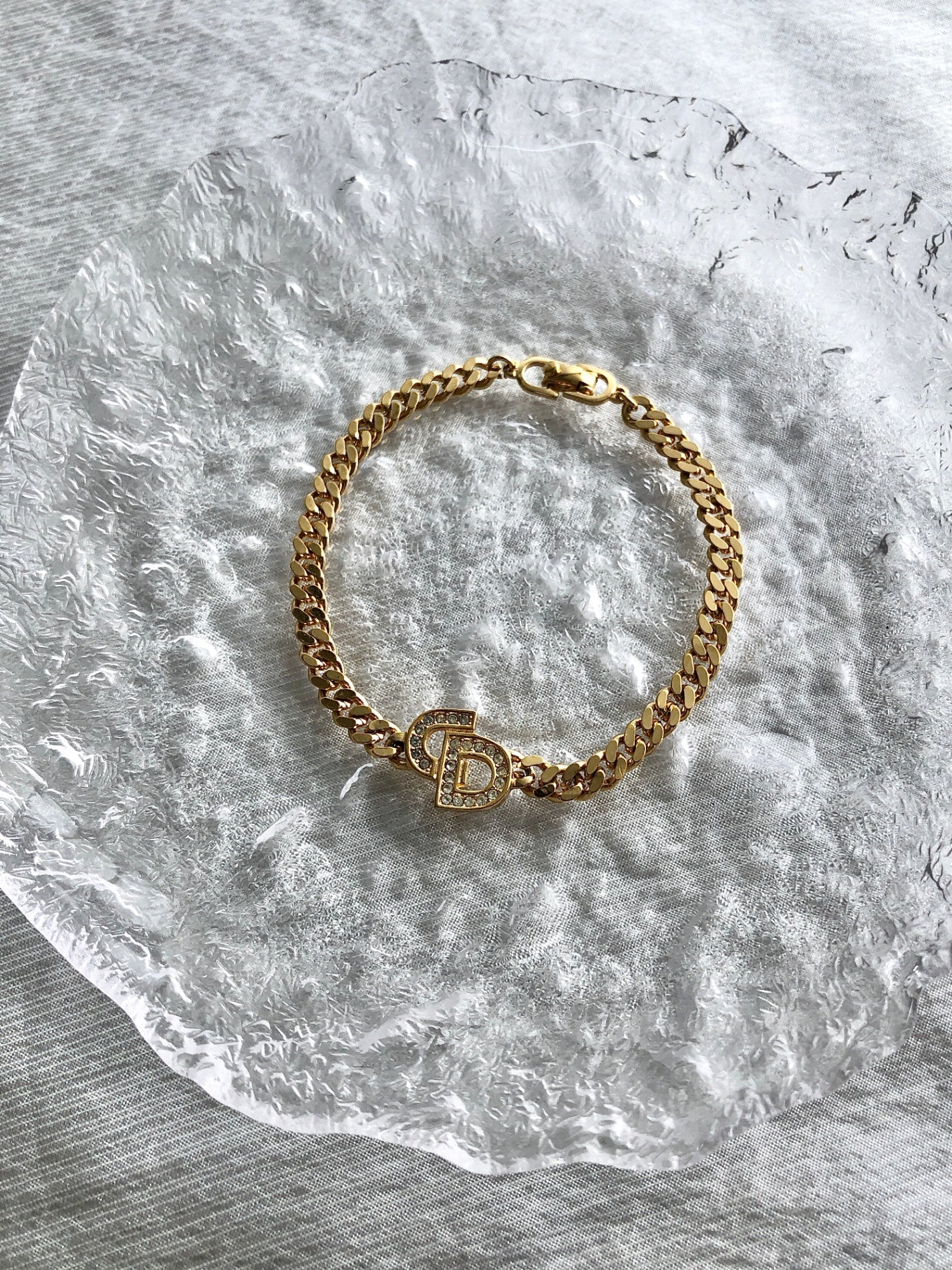Christian D1OR CD Logo Motif Rhinestone Bracelet Gold Vintage chgiwy