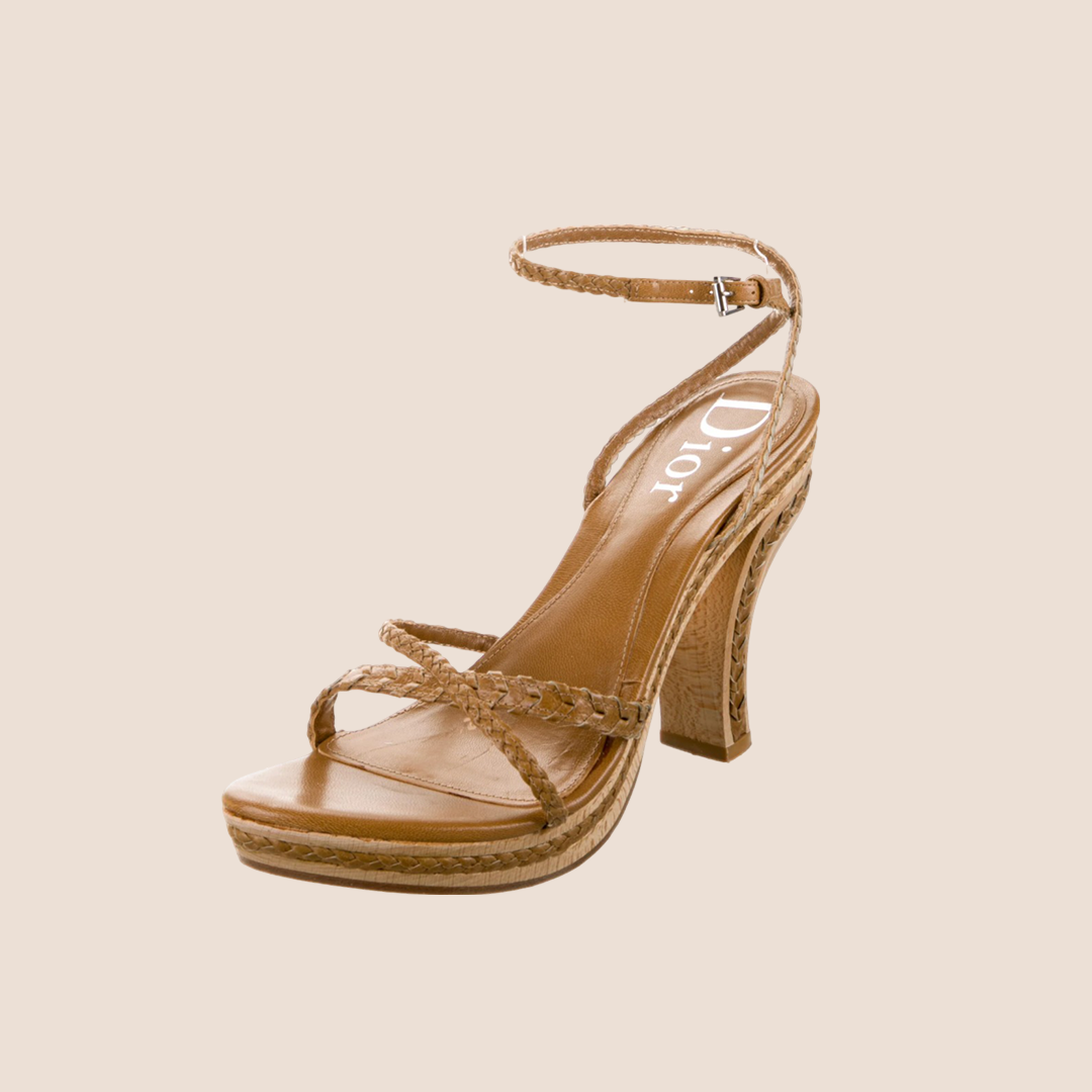 CHRISTIAN D1OR BROWN LEATHER BRAIDED SANDALS