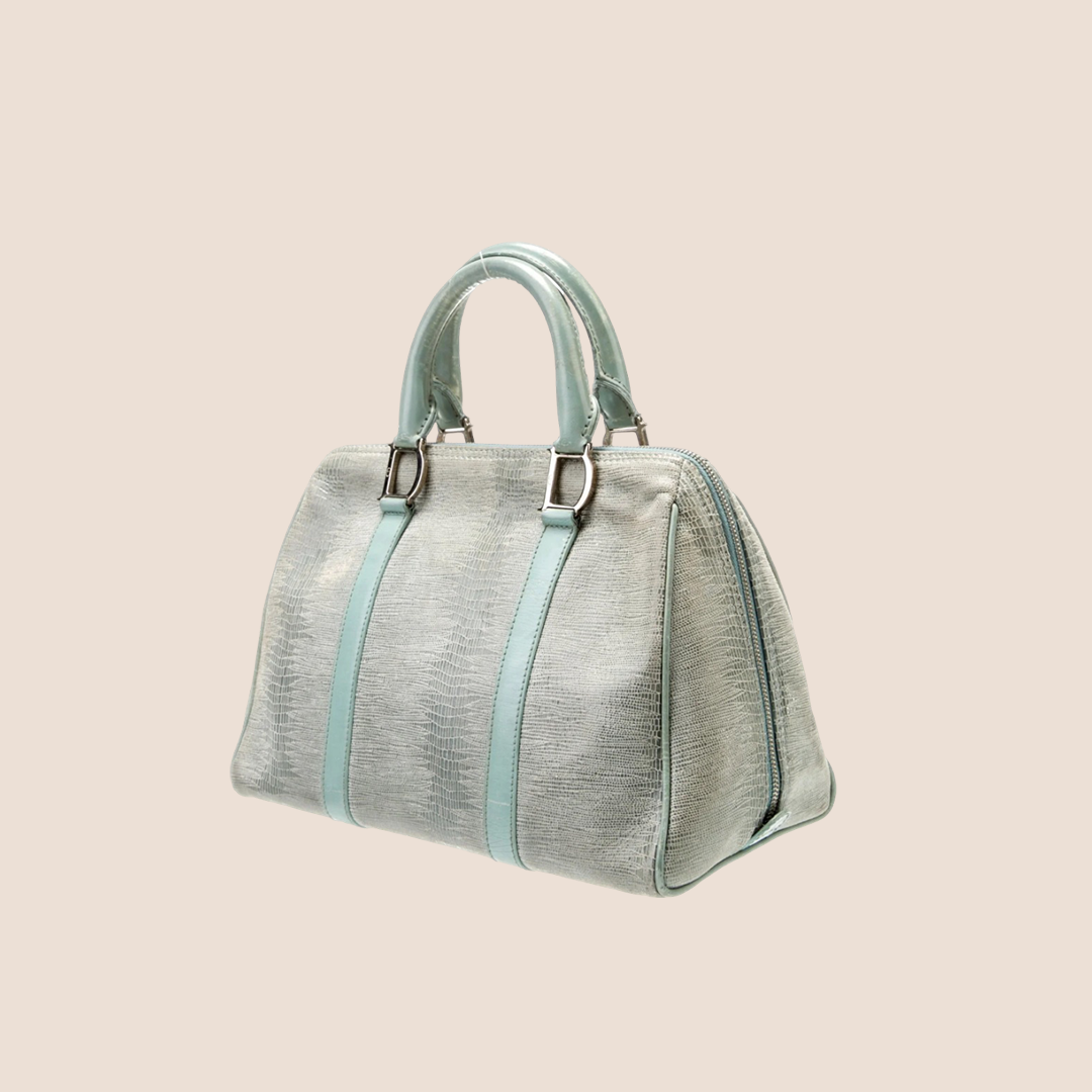 CHRISTIAN D1OR 2001 PALE BLUE LIZARD EMBOSSSED BOSTON BAG