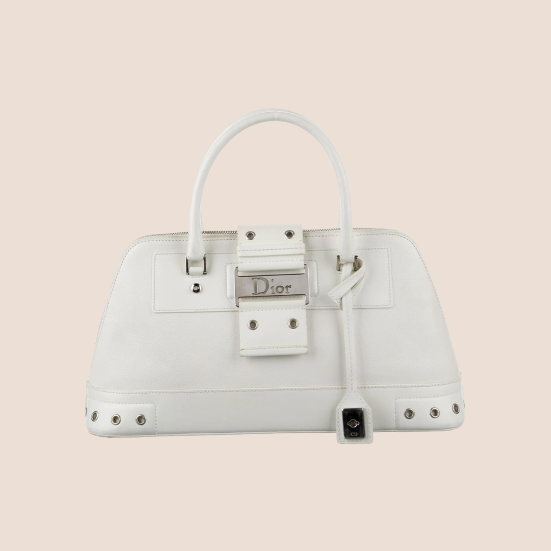 CHRISTIAN D1OR 2002 WHITE LEATHER STREET CHIC TOP HANDLE BAG