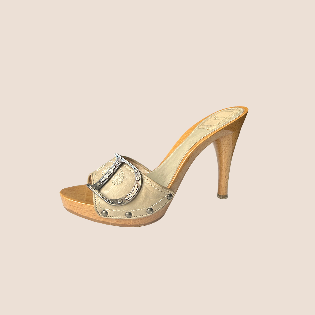 CHRISTIAN D1OR BEIGE GLOSSY WOOD PLATFORM HEELS