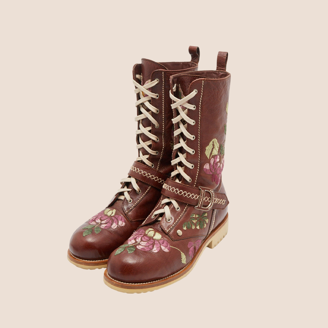 CHRISTIAN D1OR BROWN FLORAL &amp; BUTTERFLY EMBROIDERED COMBAT BOOTS