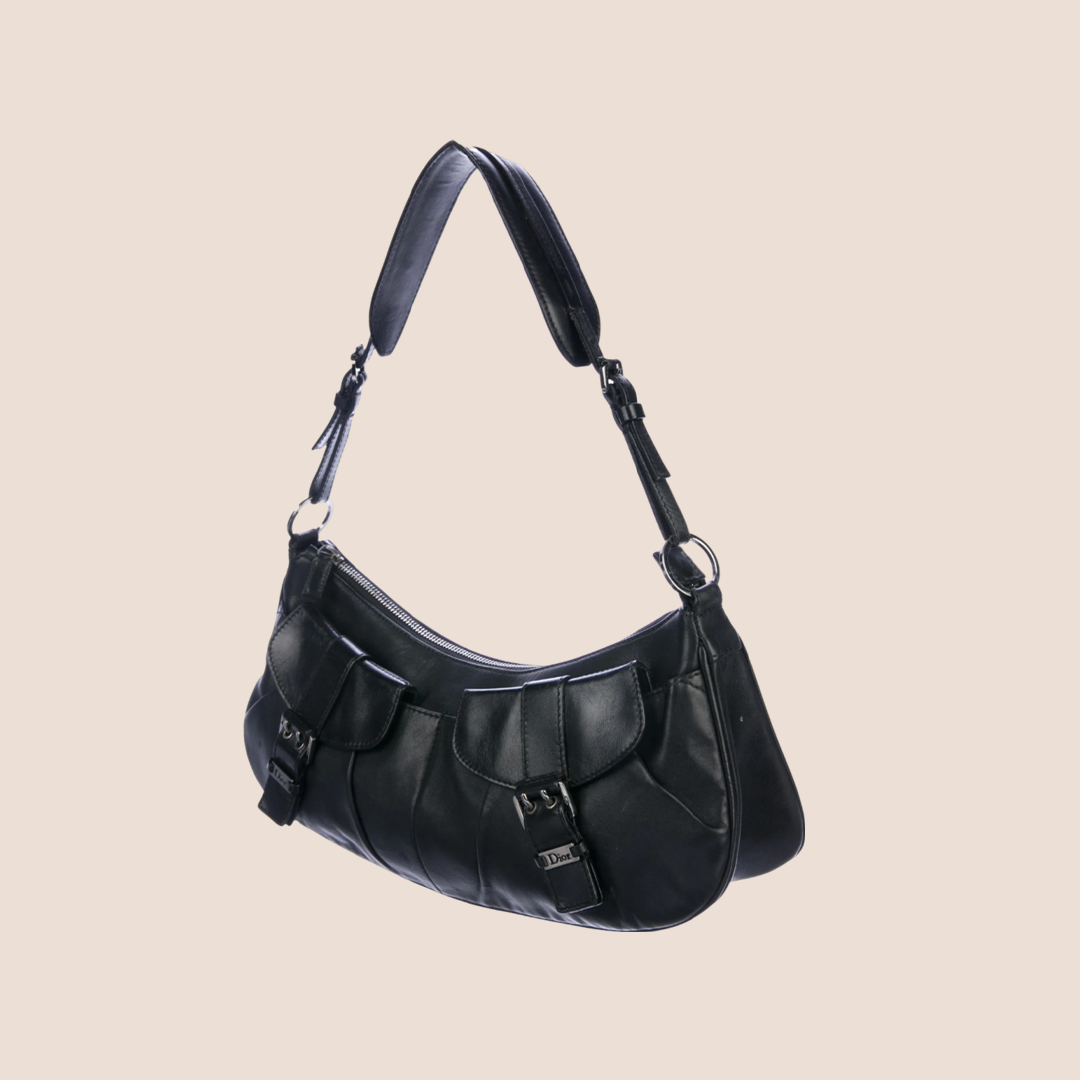 CHRISTIAN D1OR BLACK LEATHER CROISSANT SHOULDER BAG