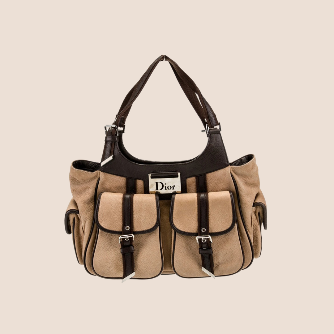 CHRISTIAN D1OR 2005 BROWN SUEDE STREET CHIC MULTIPOCKET SHOULDER BAG