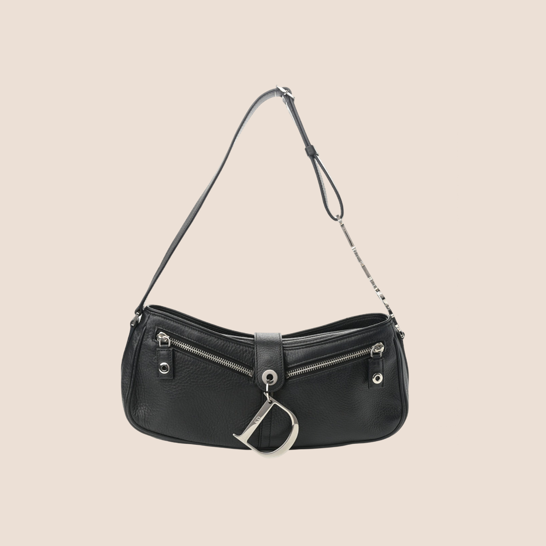 CHRISTIAN D1OR BLACK LEATHER D RING SHOULDER BAG