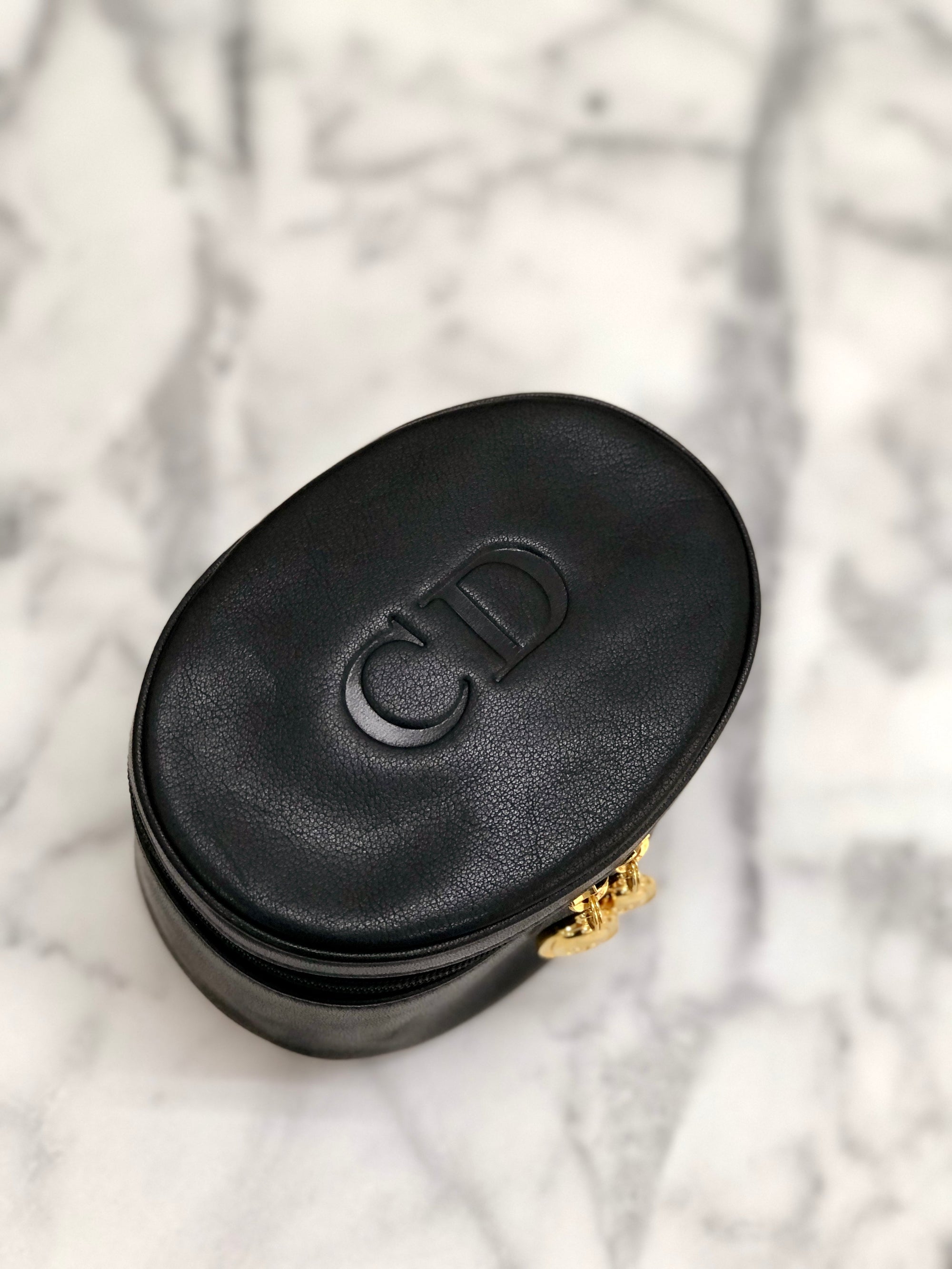 Christian D1OR CD Logo Leather Vanity Pouch Black Vintage x5rawm