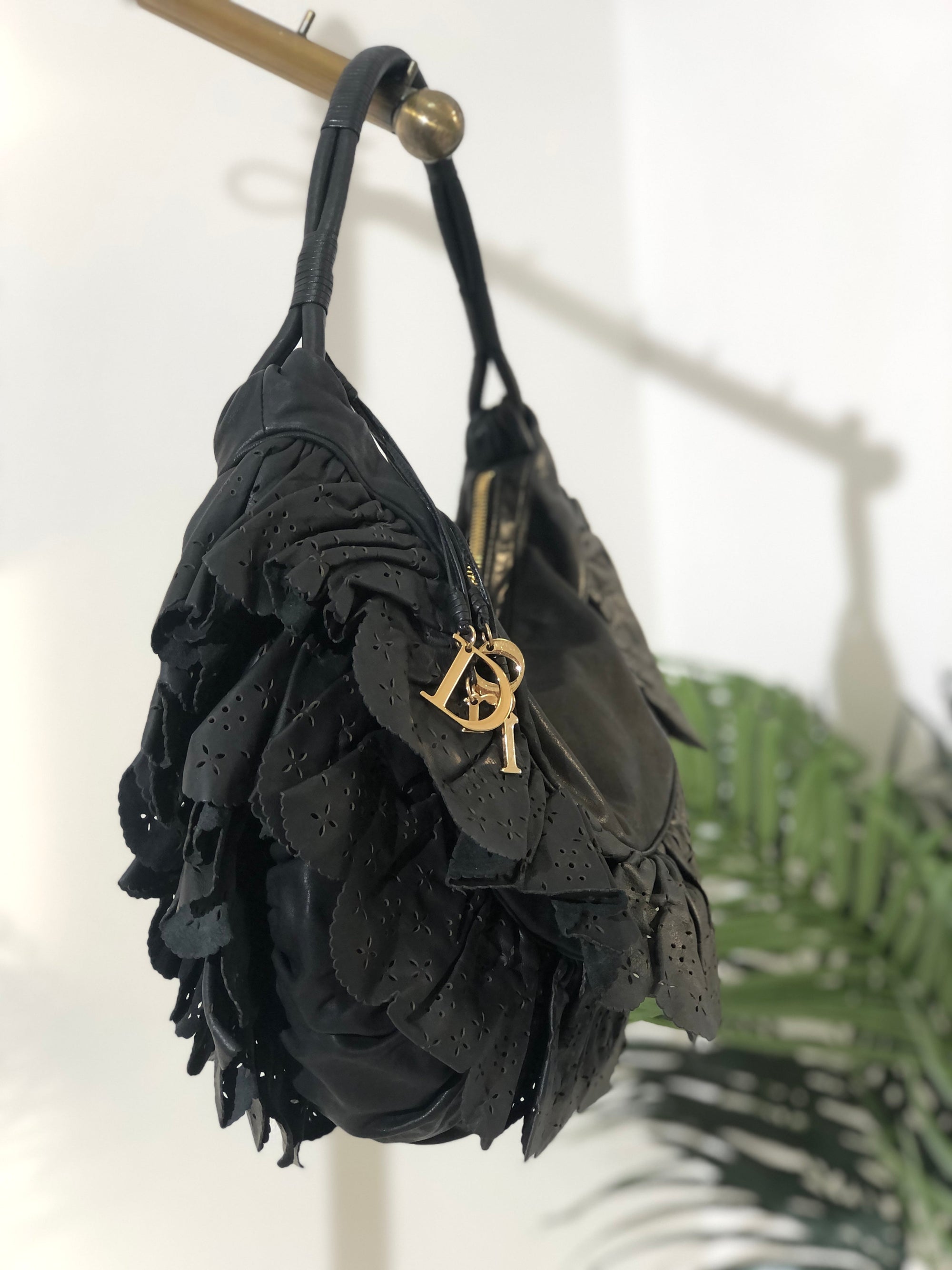 Christian D1OR  Logo Charm Cut Out Leather Handbag Shoulder bag Black Vintage 54pzak