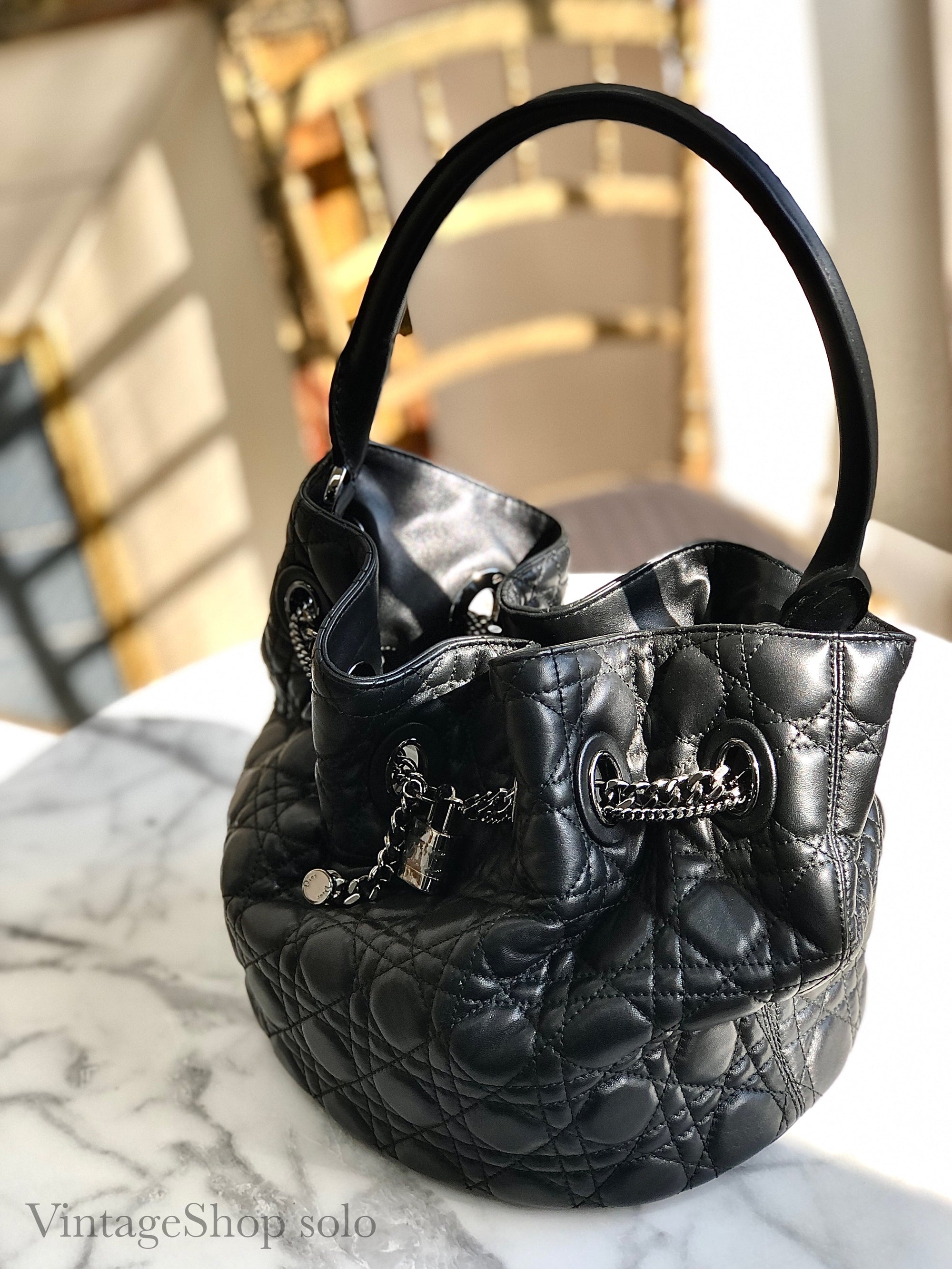 Christian D1OR Cannage Lady D1OR Padlock Charm Bucket Totebag Black Vintage txf4va