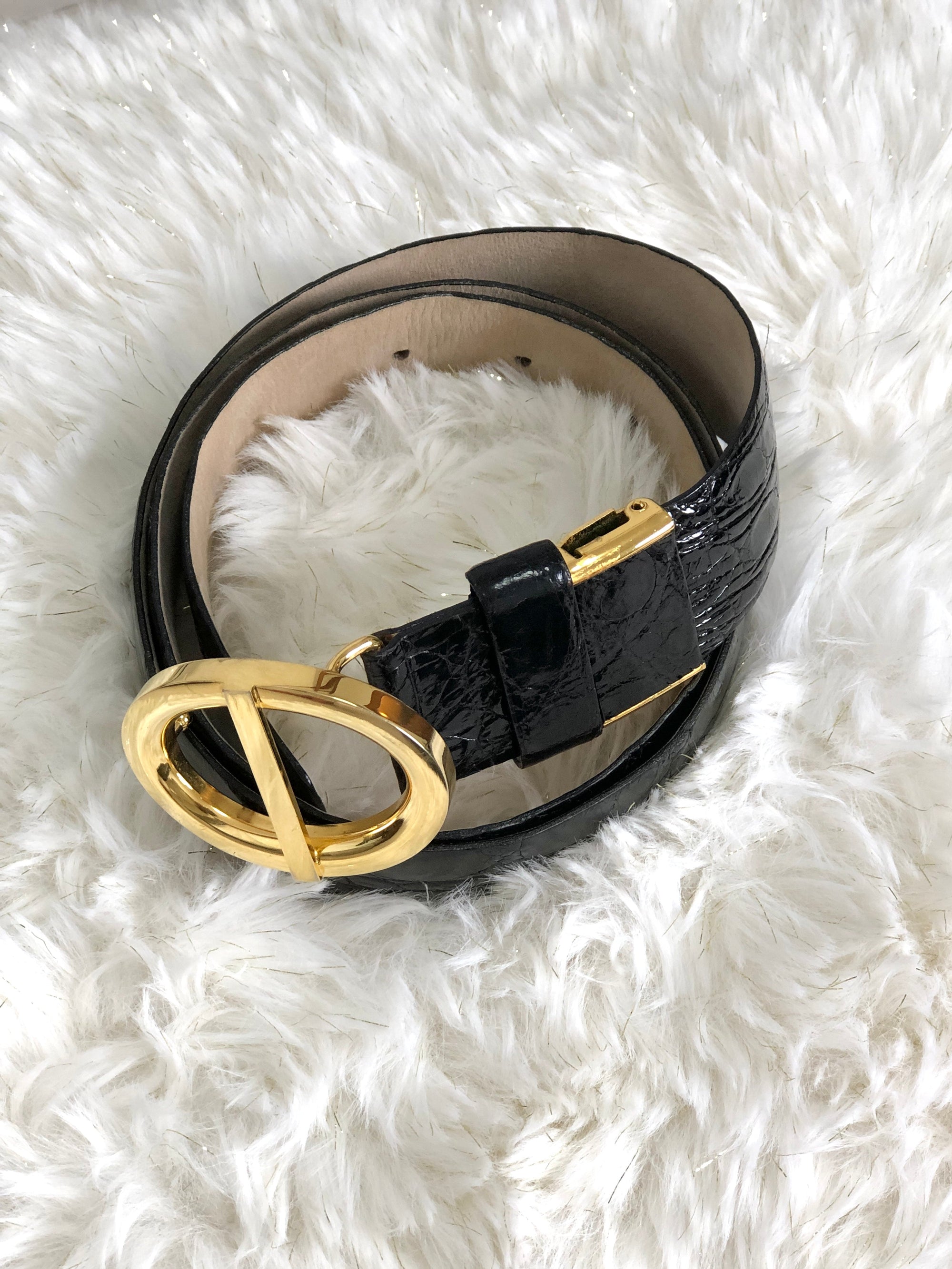 Christian D1OR Buckle Leather Belt Black,Gold Vintage 3yfefk