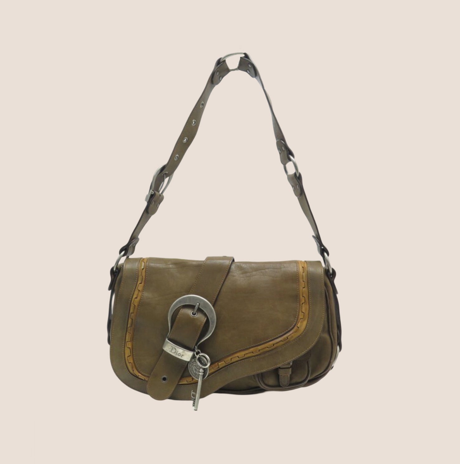 CHRISTIAN D1OR 2006 KHAKI LEATHER GAUCHO BAG