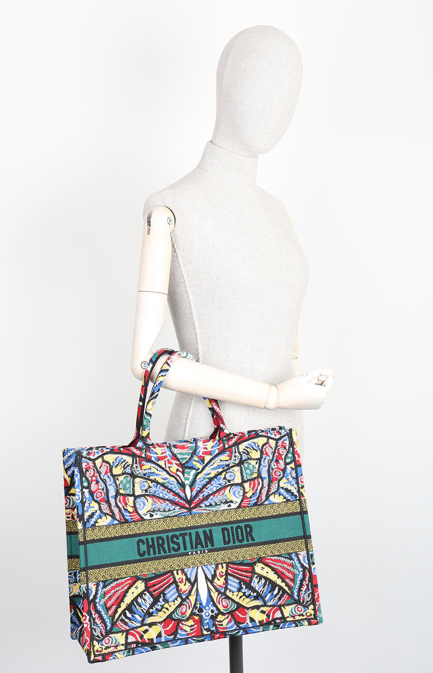 CHRISTIAN D1OR Butterfly Book Tote Large Green Blue