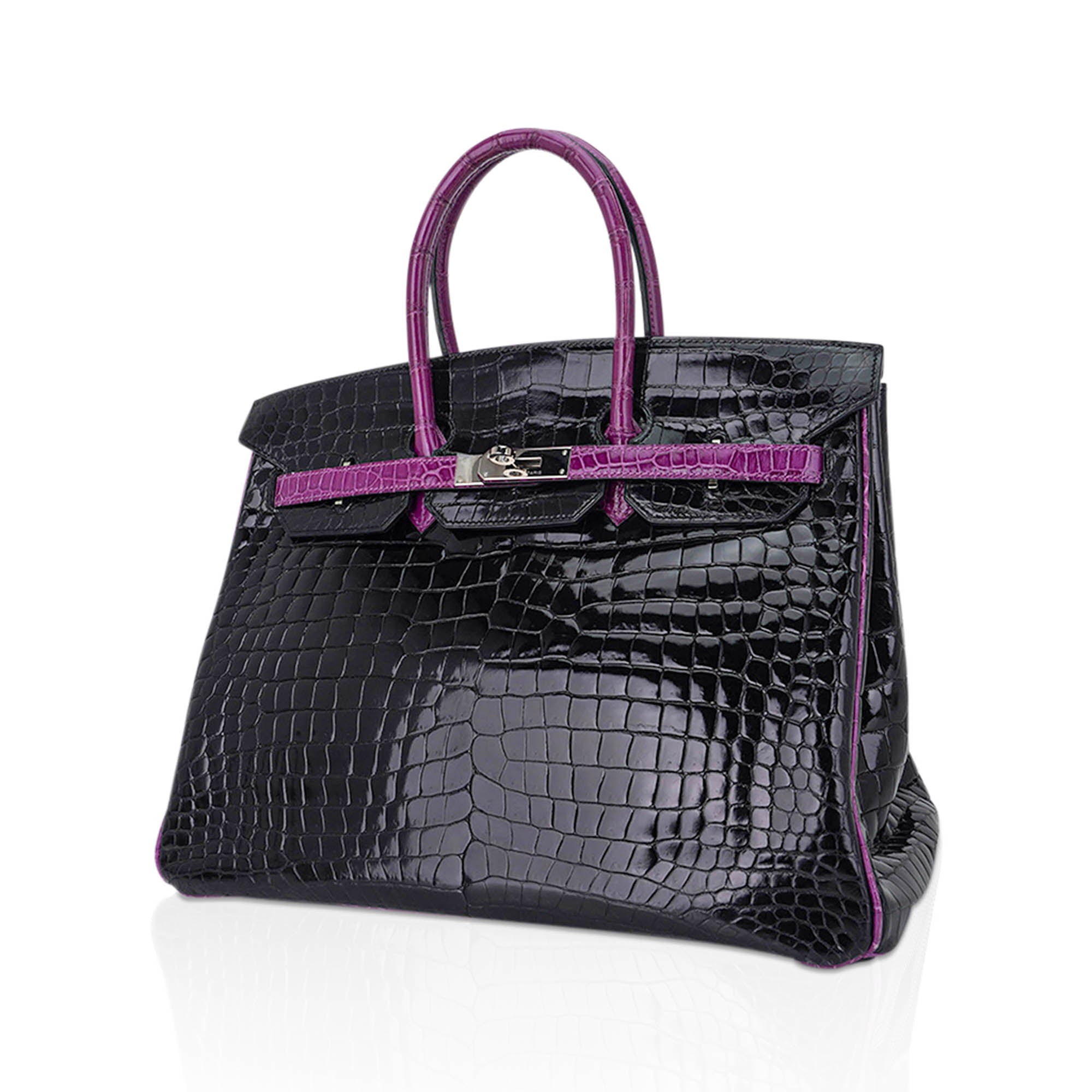 HMS Special Order HSS Birkin 35 Bag Black &amp; Violet Porosus Crocodile with Palladium Hardware