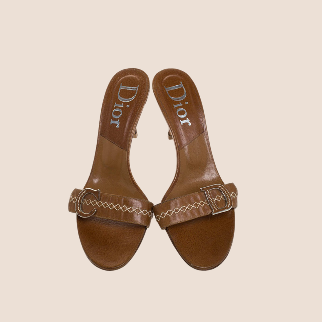 CHRISTIAN D1OR BROWN LEATHER CROSS STITCH LOGO SLIDE SANDALS