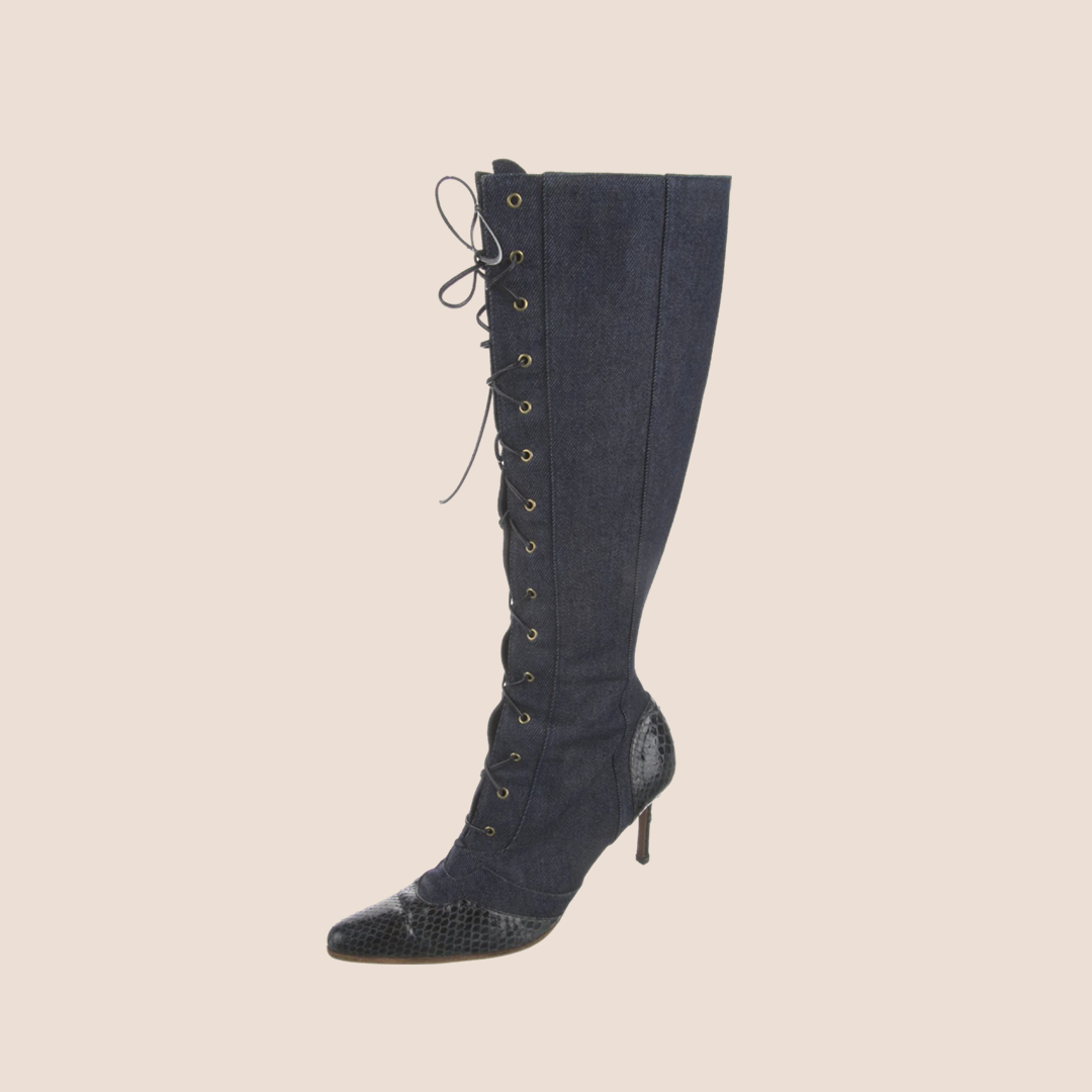 CHRISTIAN D1OR 2000 BLUE DENIM LACE UP BOOTS