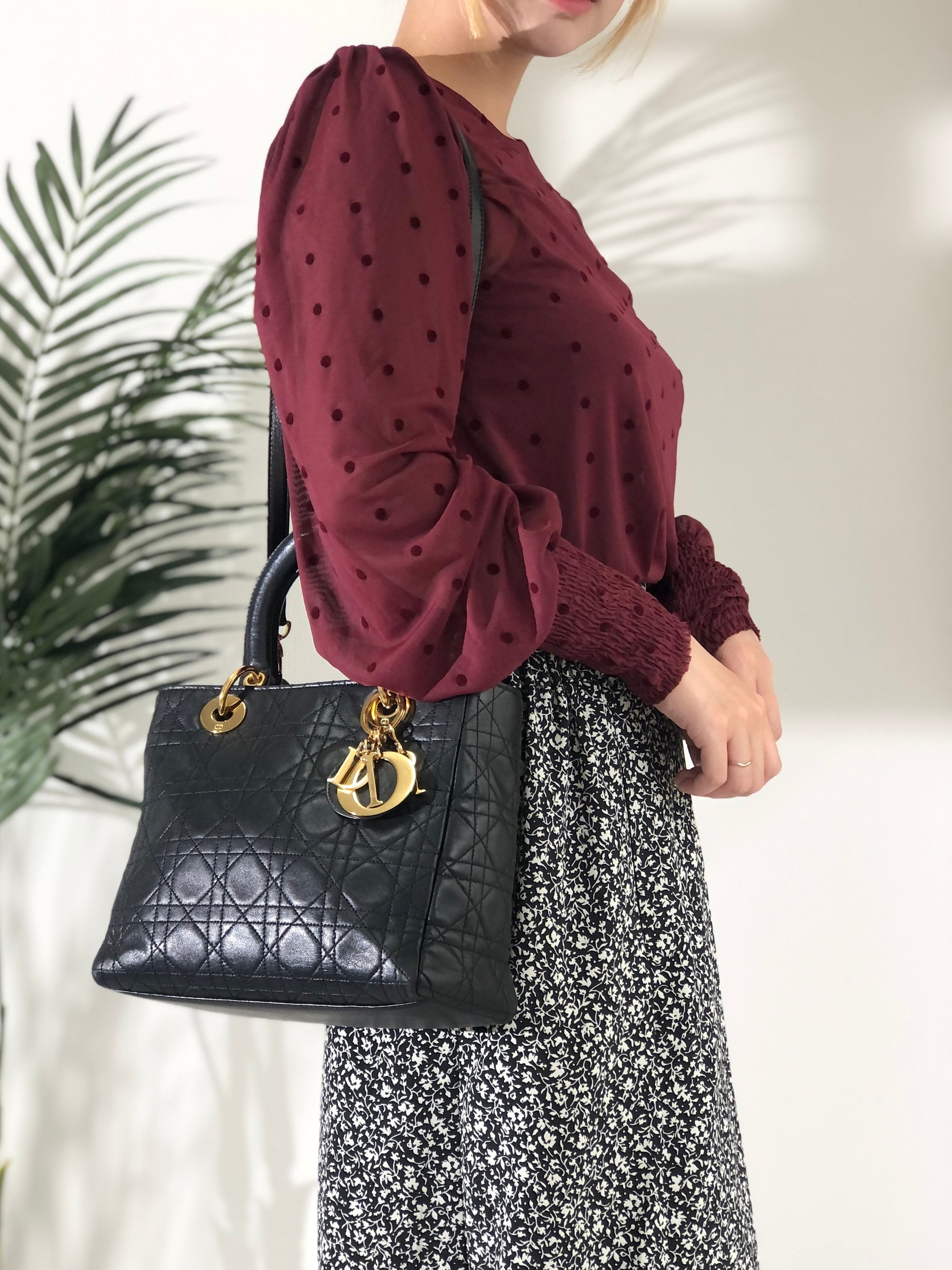 Christian D1OR Cannage LadyD1OR Leather Two-way Handbag Shoulder bag Black Vintage khzzs3