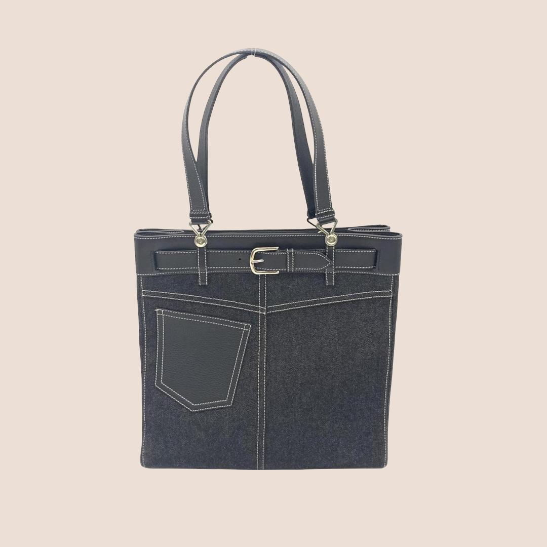 CHRISTIAN D1OR BLACK DENIM &amp; LEATHER BELTED EVERYDAY TOTE BAG